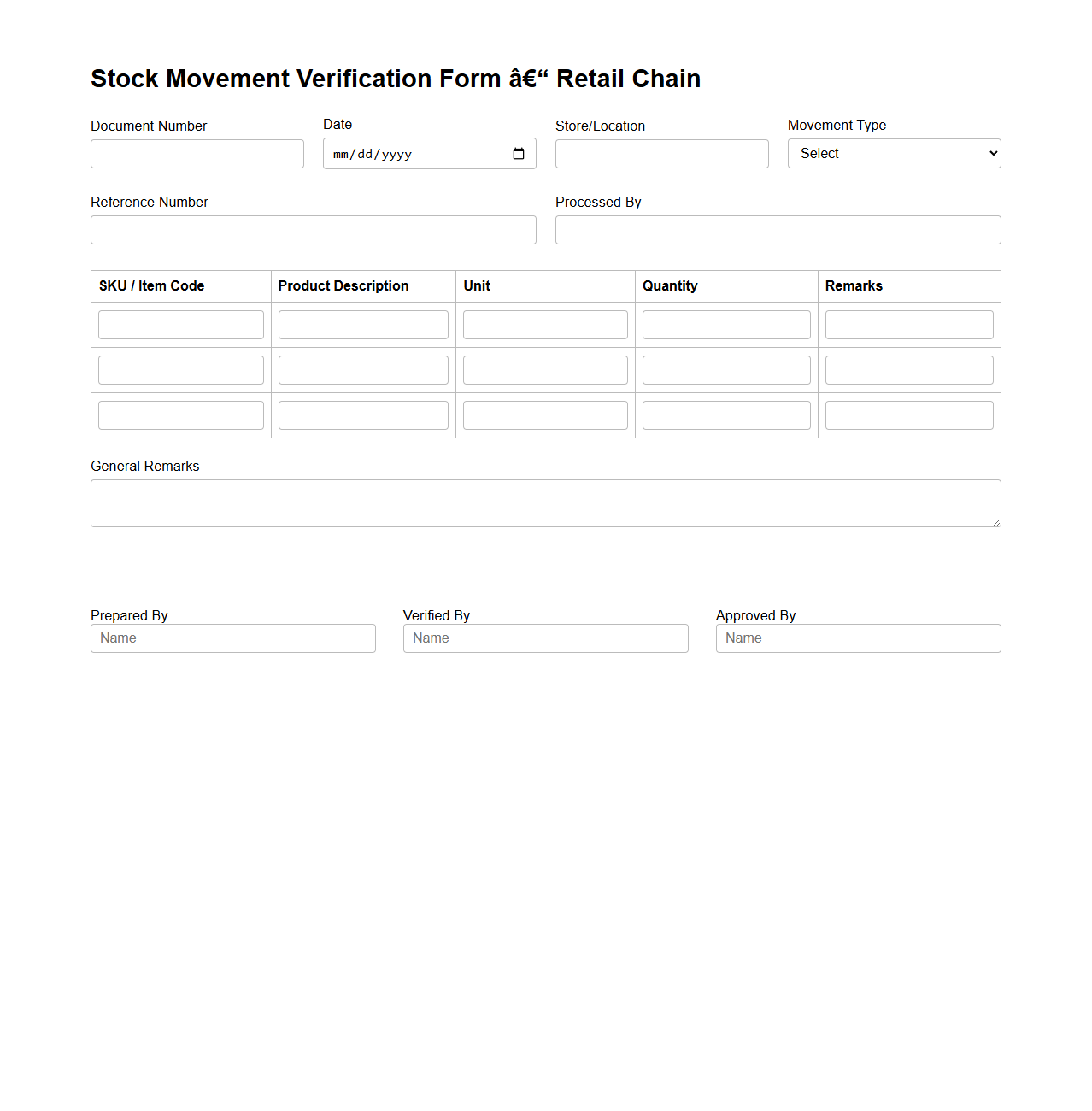 Stock Movement Verification Form – Retail Chain