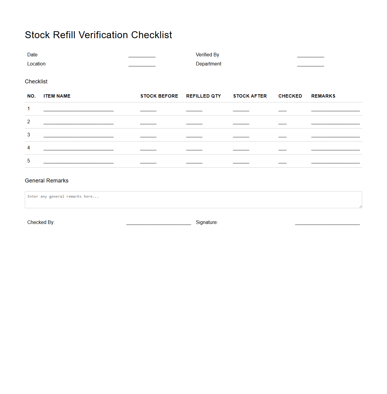 Stock Refill Verification Checklist Example