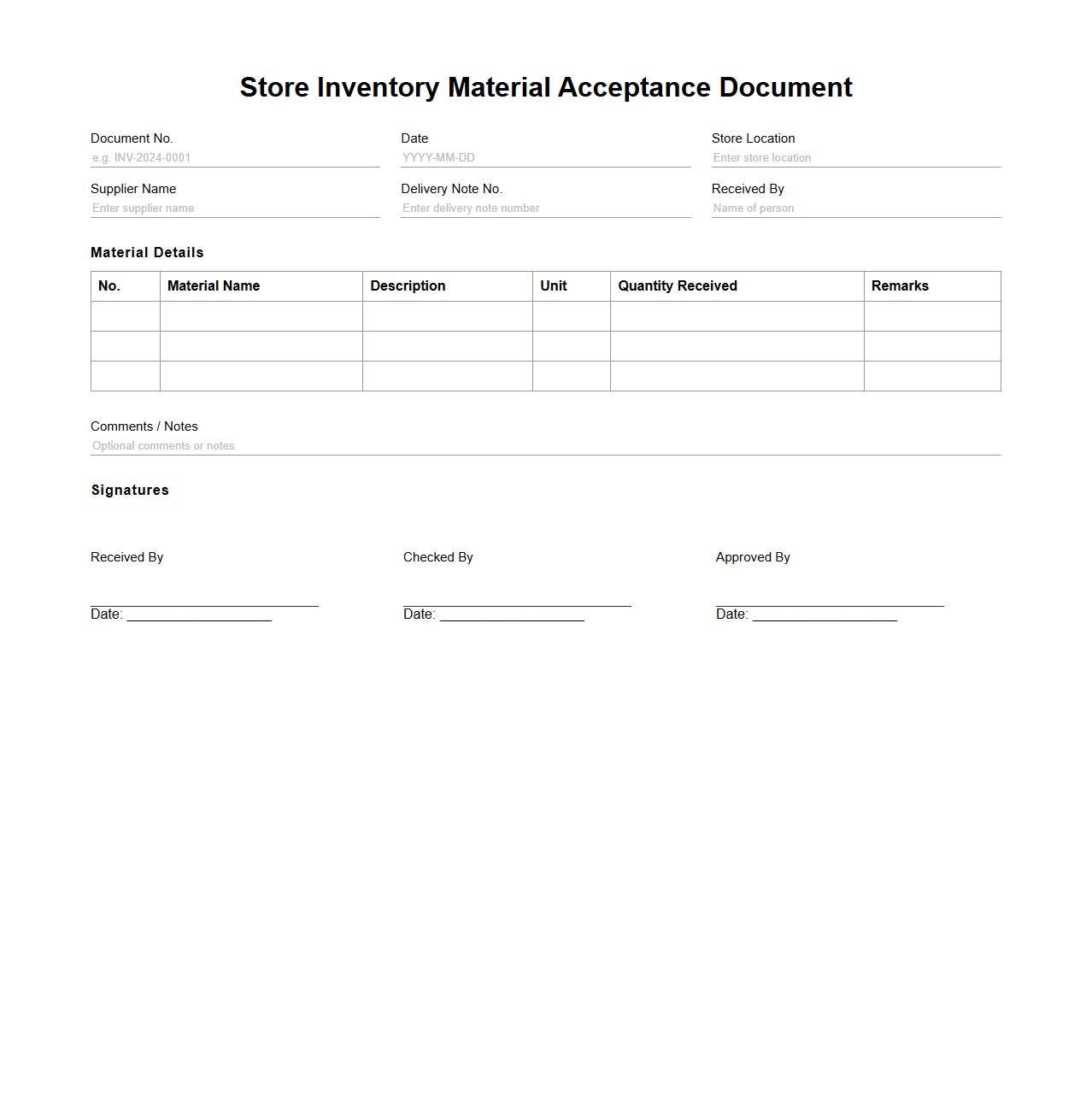 Store Inventory Material Acceptance Document