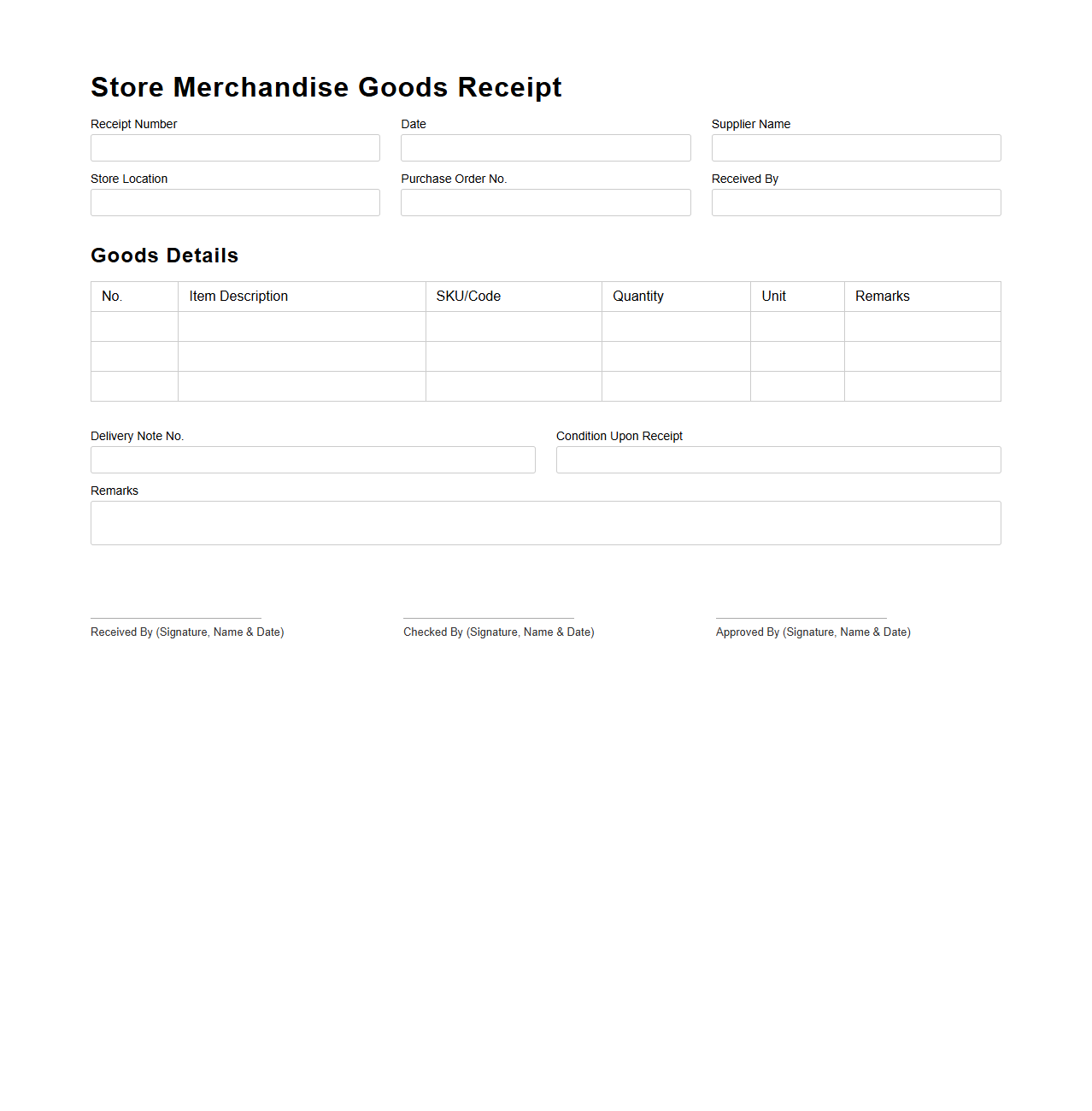 Store Merchandise Goods Receipt Template