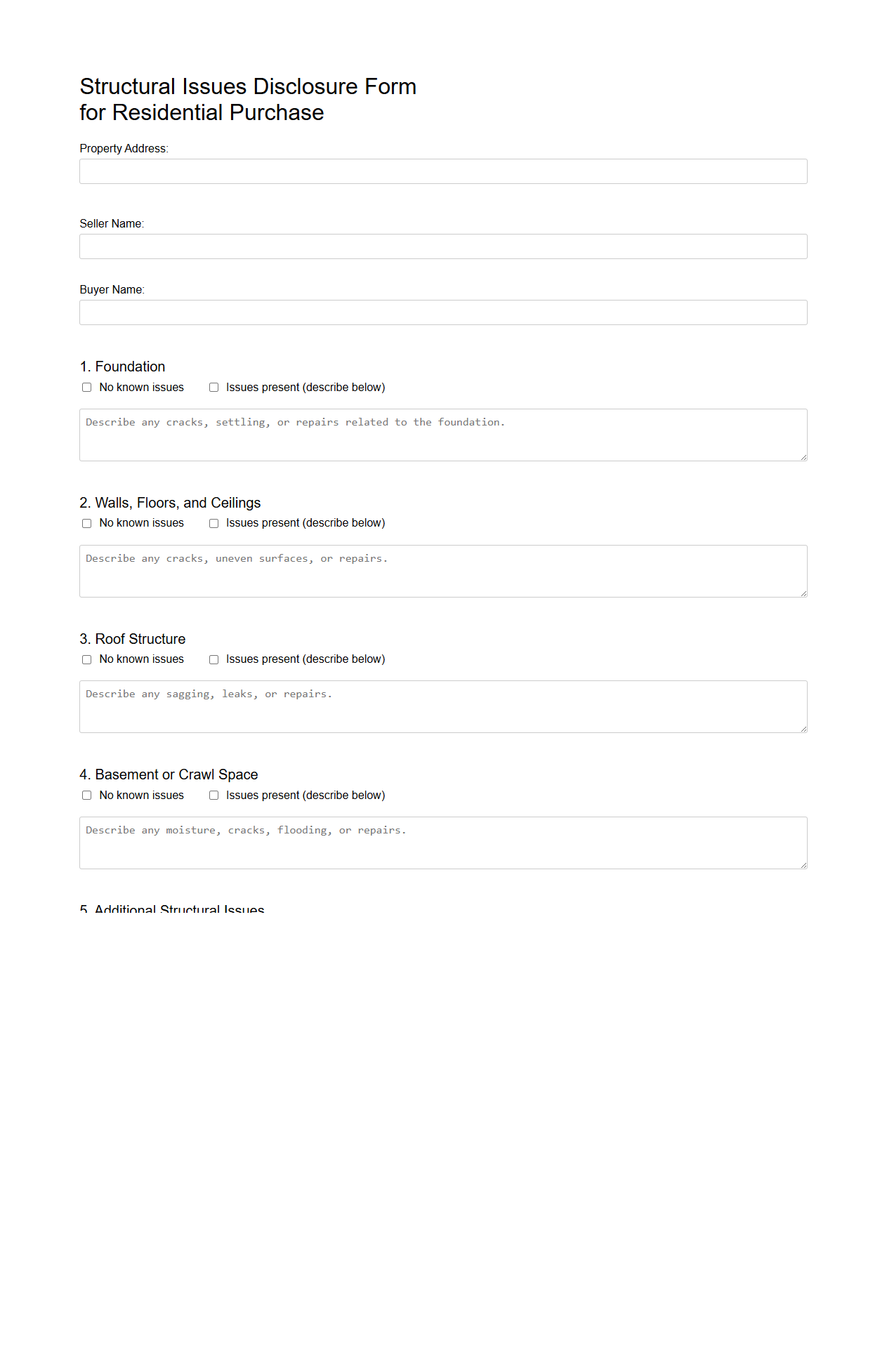 Structural Issues Disclosure Form for Residential Purchase