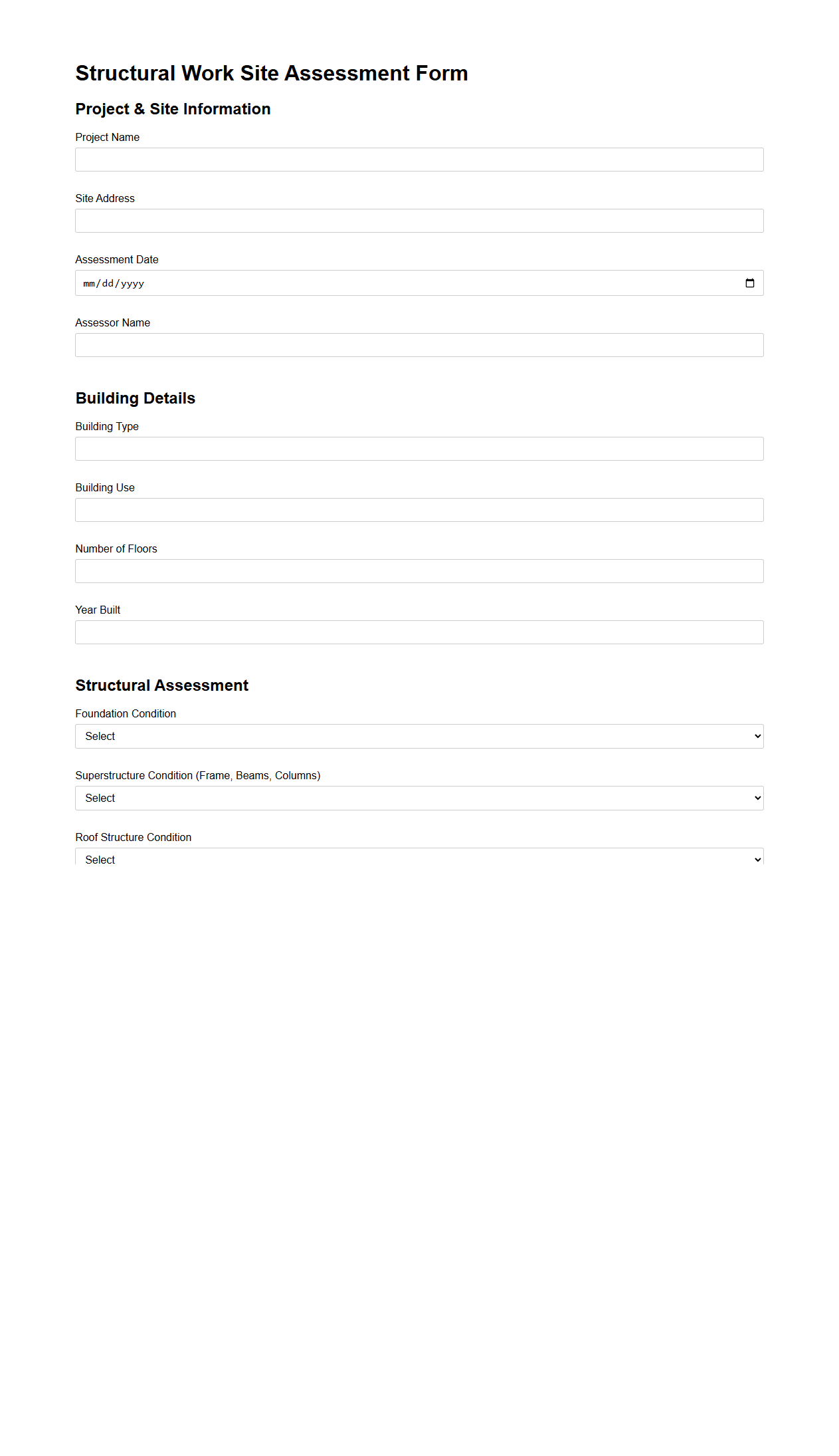 Structural Work Site Assessment Form for Buildings
