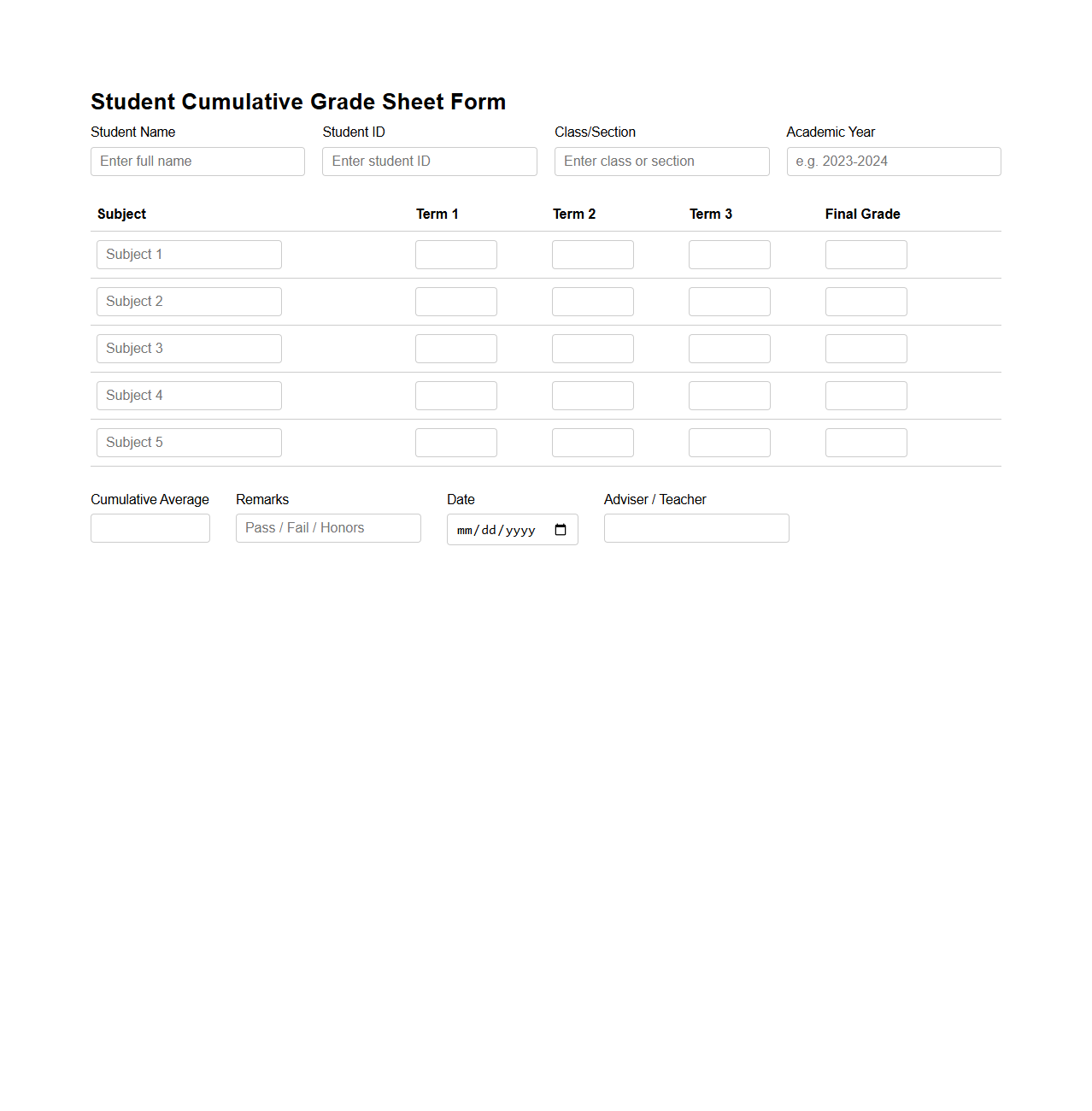 Student Cumulative Grade Sheet Form