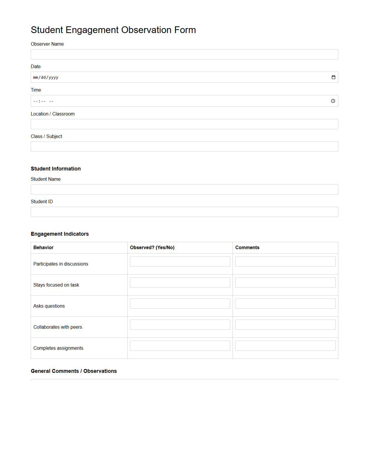 Student Engagement Observation Form