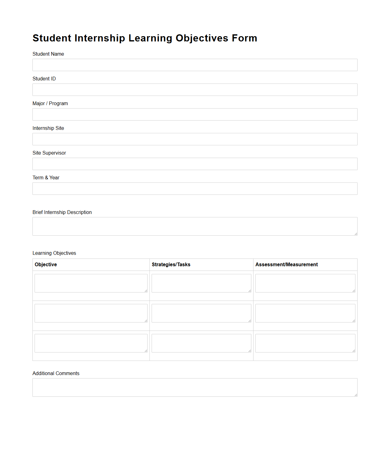 Student Internship Learning Objectives Form