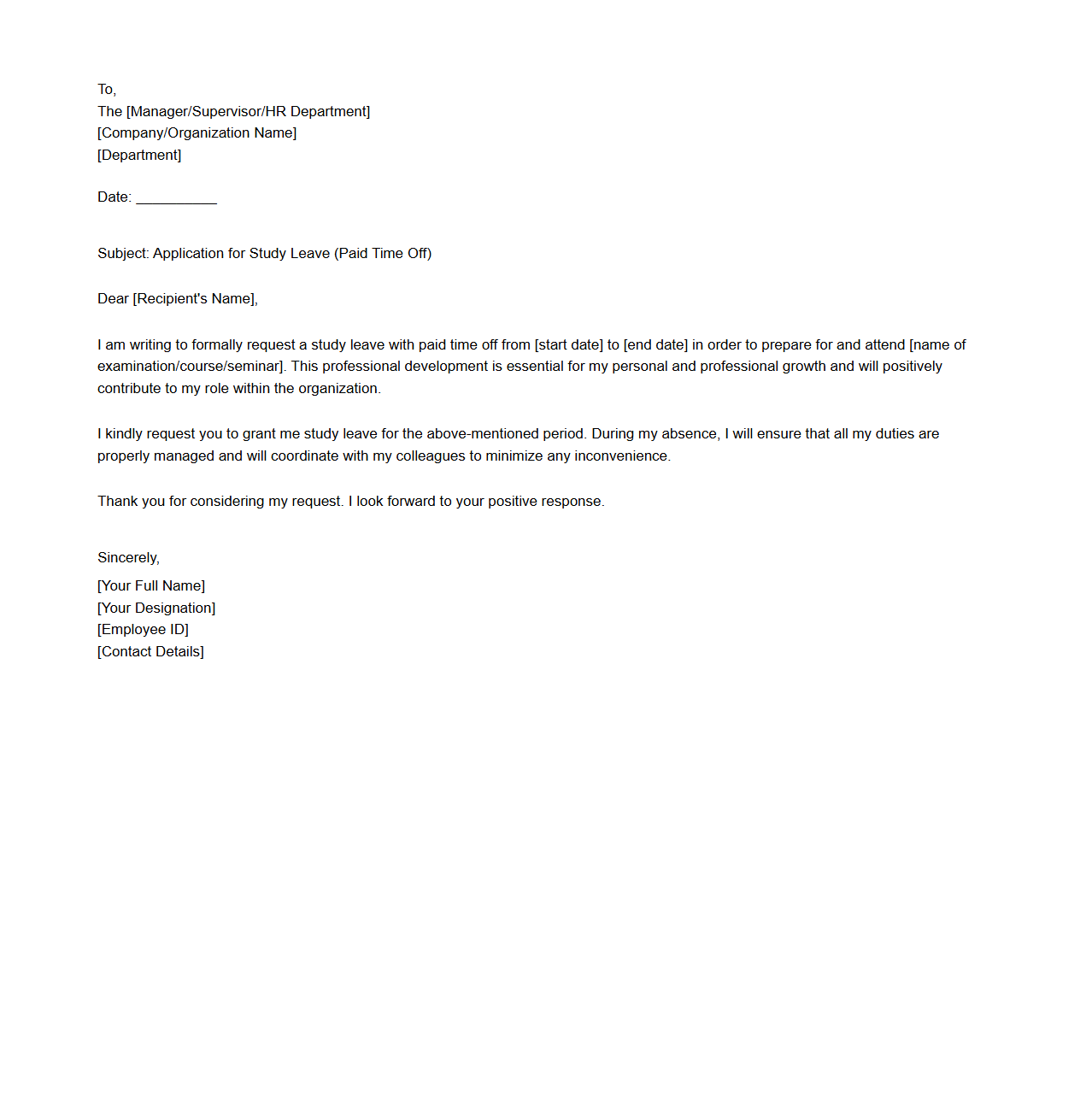 Study Leave Application for Paid Time Off