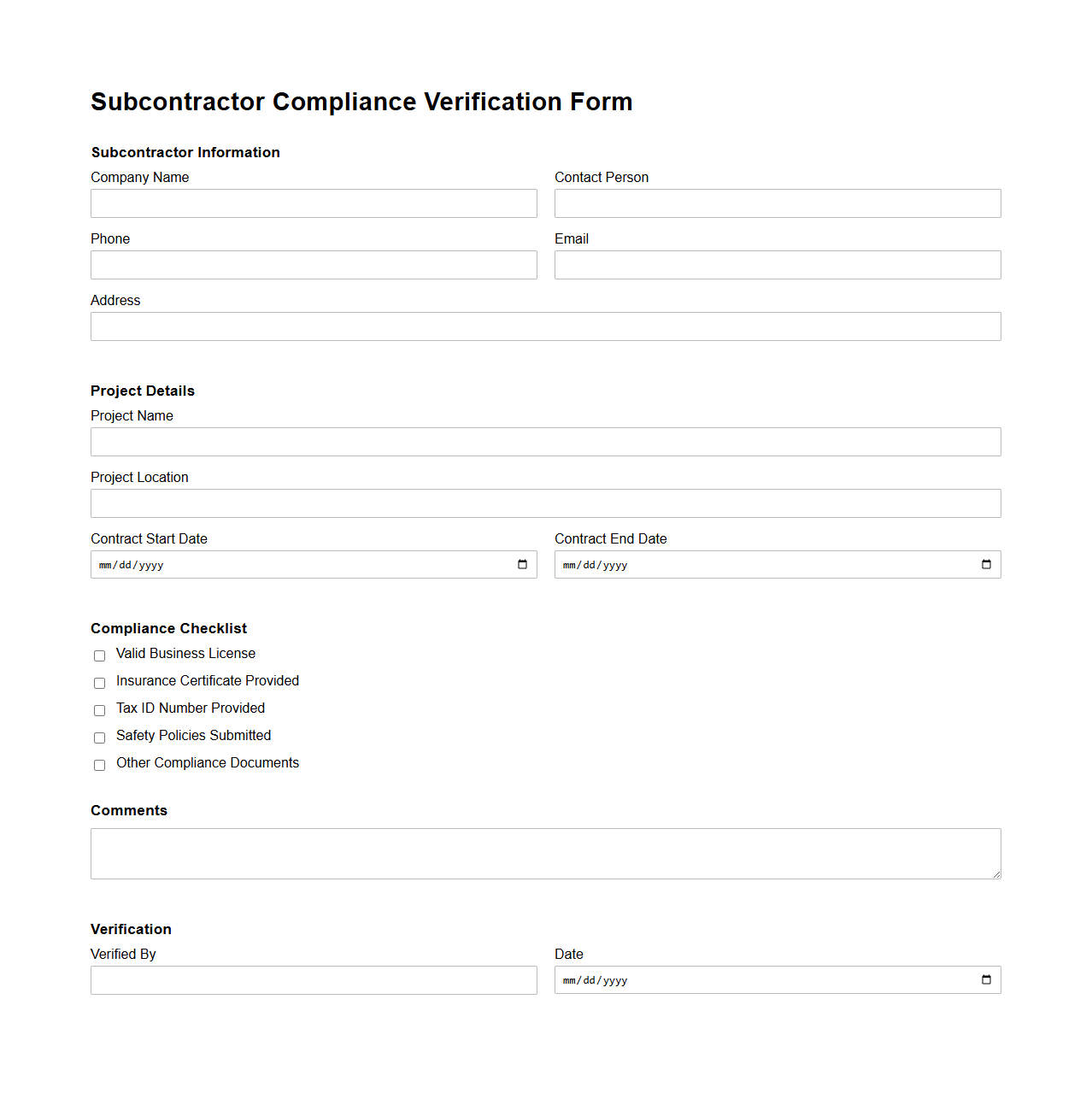 Subcontractor Compliance Verification Form