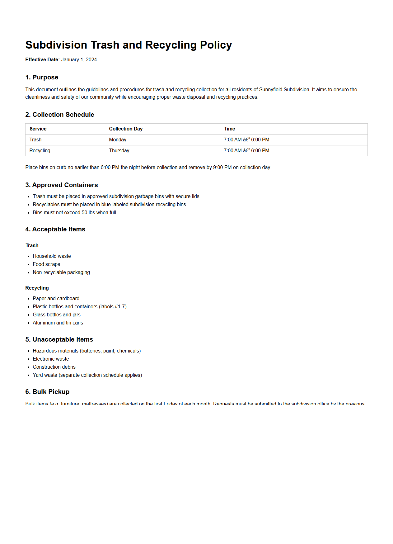 Subdivision Trash and Recycling Policy Document Sample