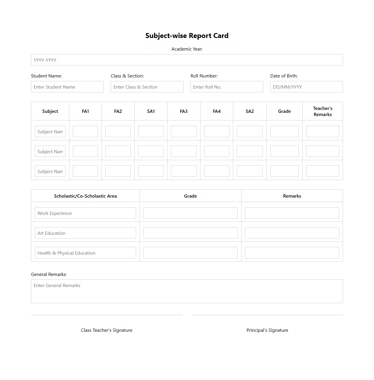 Subject-wise Report Card Template for Holistic Evaluation