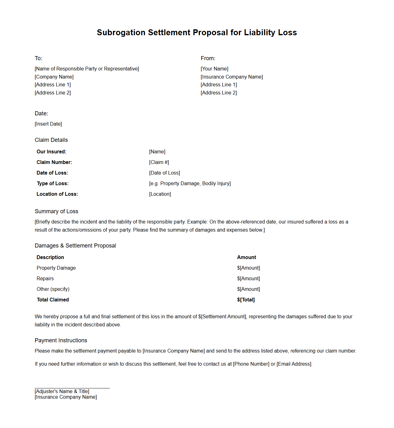 Subrogation Settlement Proposal for Liability Loss