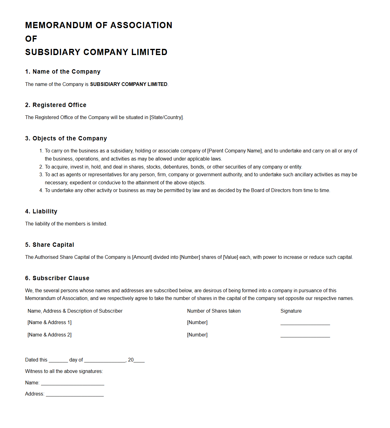 Subsidiary Company Memorandum of Association Specimen
