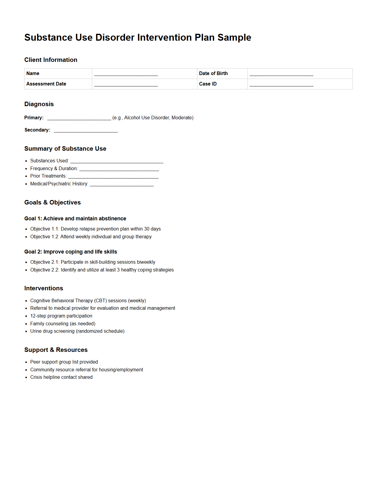 Substance Use Disorder Intervention Plan Sample