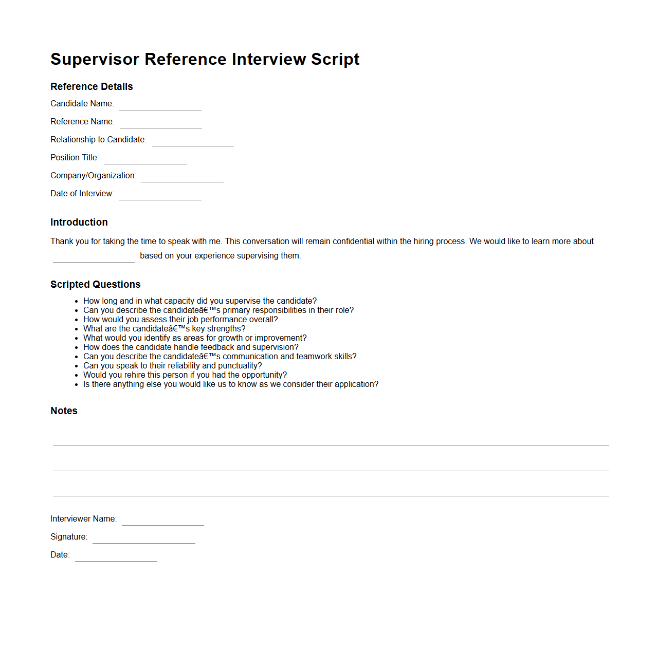 Supervisor Reference Interview Script