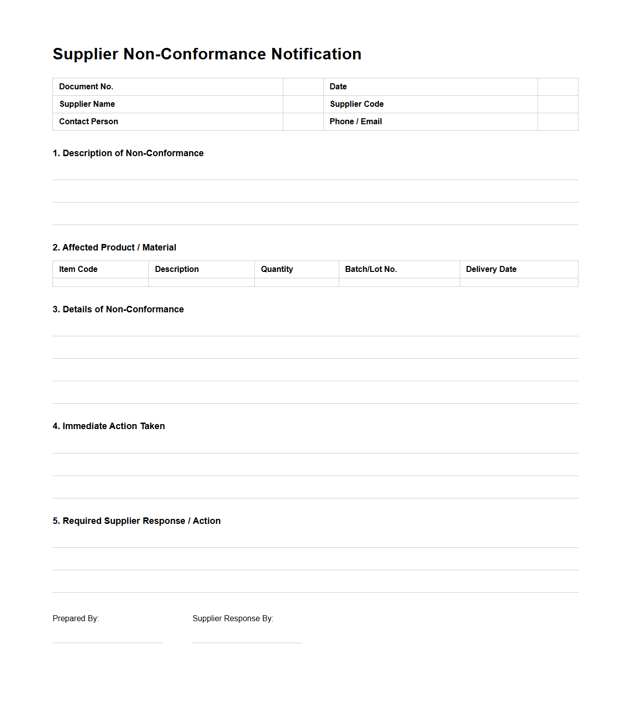 Supplier Non-Conformance Notification Document