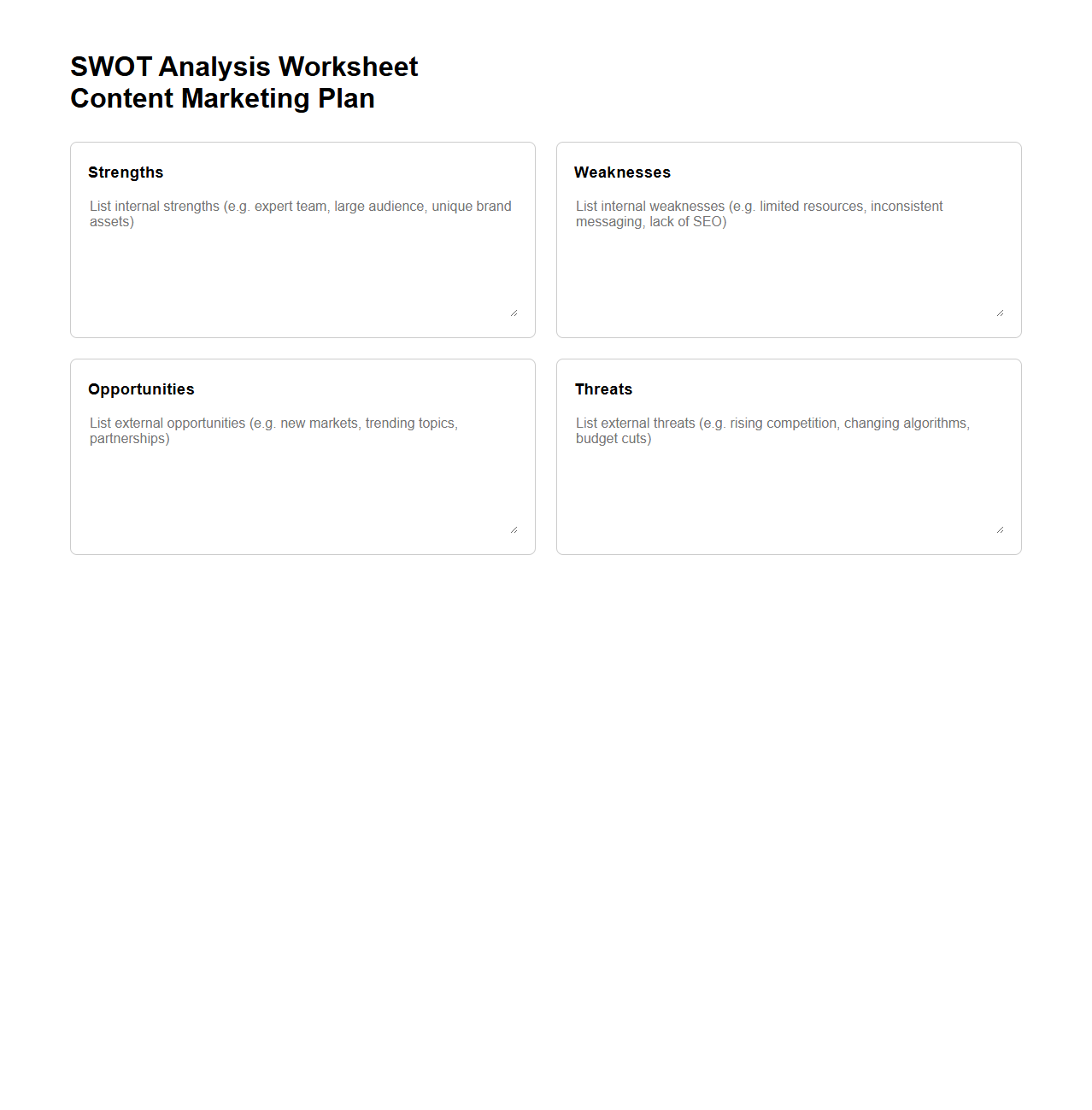 SWOT Analysis Worksheet for Content Marketing Plans