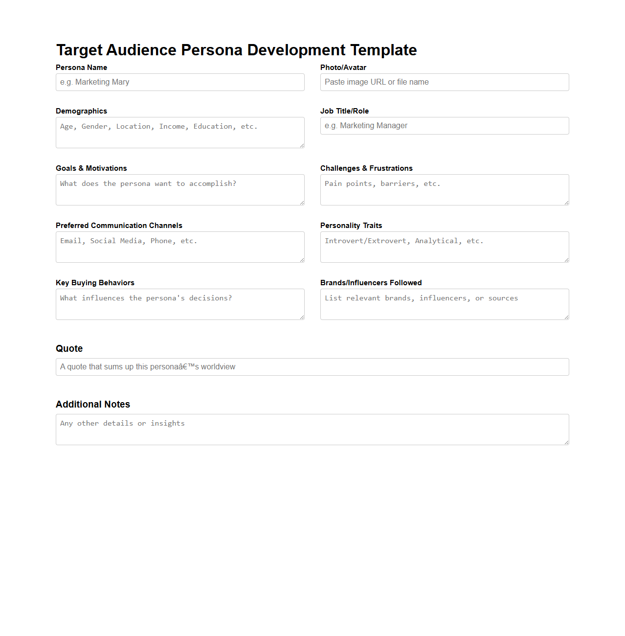 Target Audience Persona Development Template