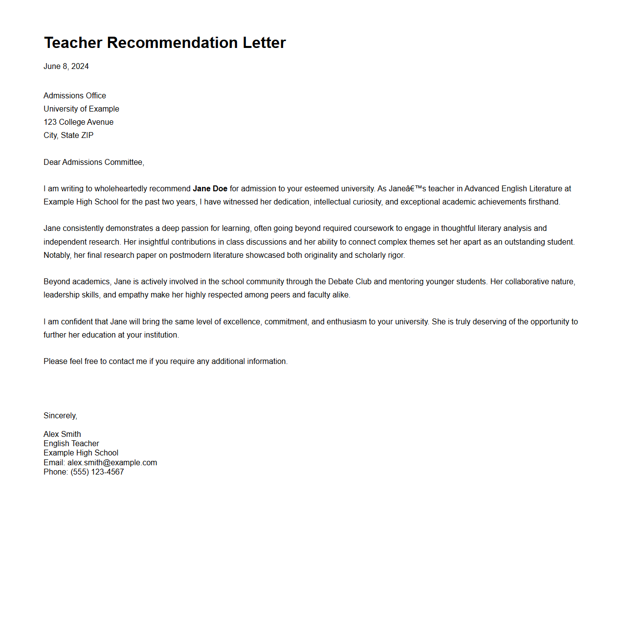 Teacher Recommendation Letter Example for University Application