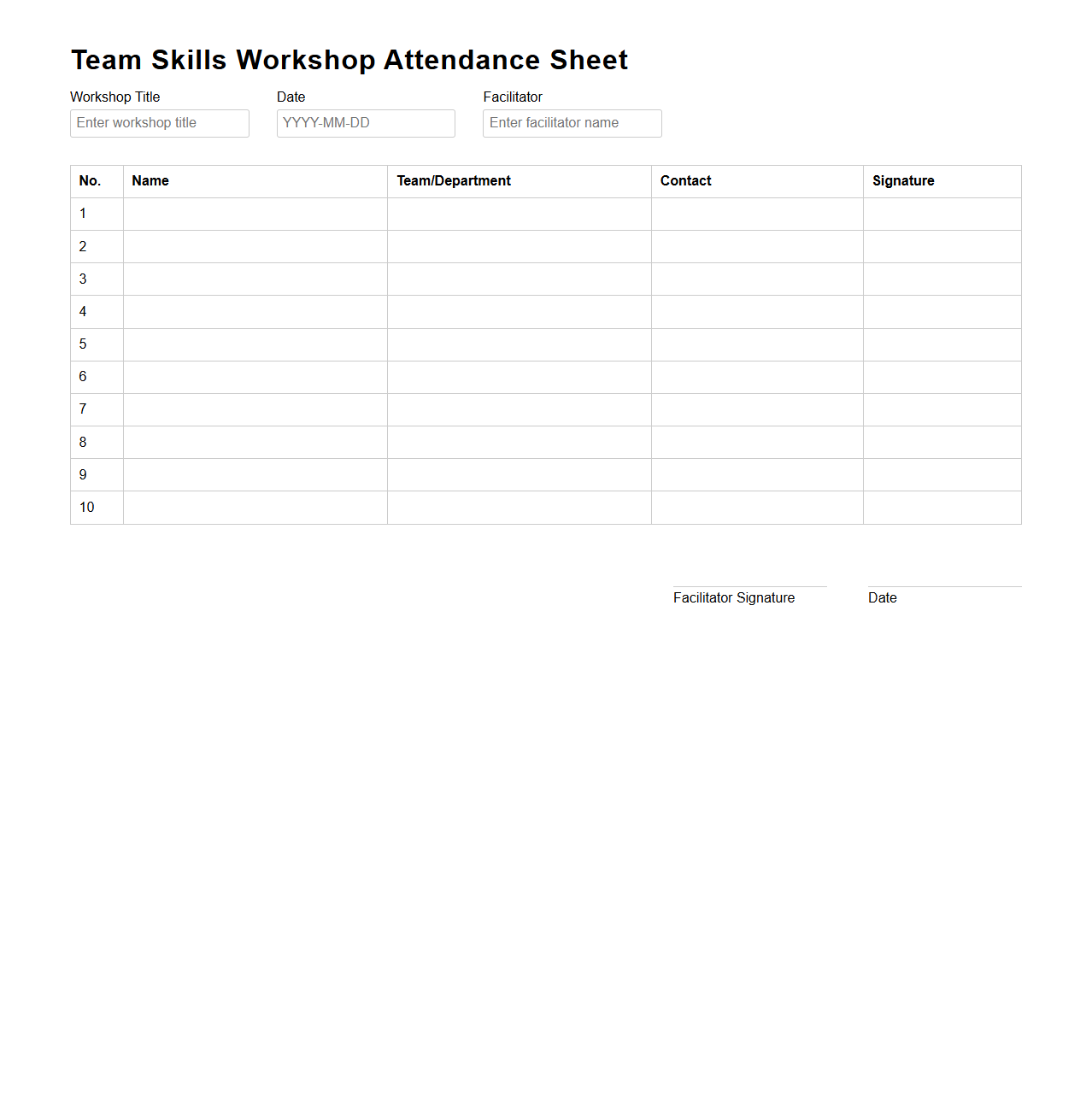 Team Skills Workshop Attendance Sheet