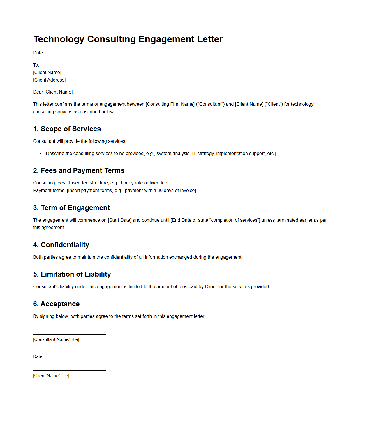 Technology Consulting Engagement Letter Template
