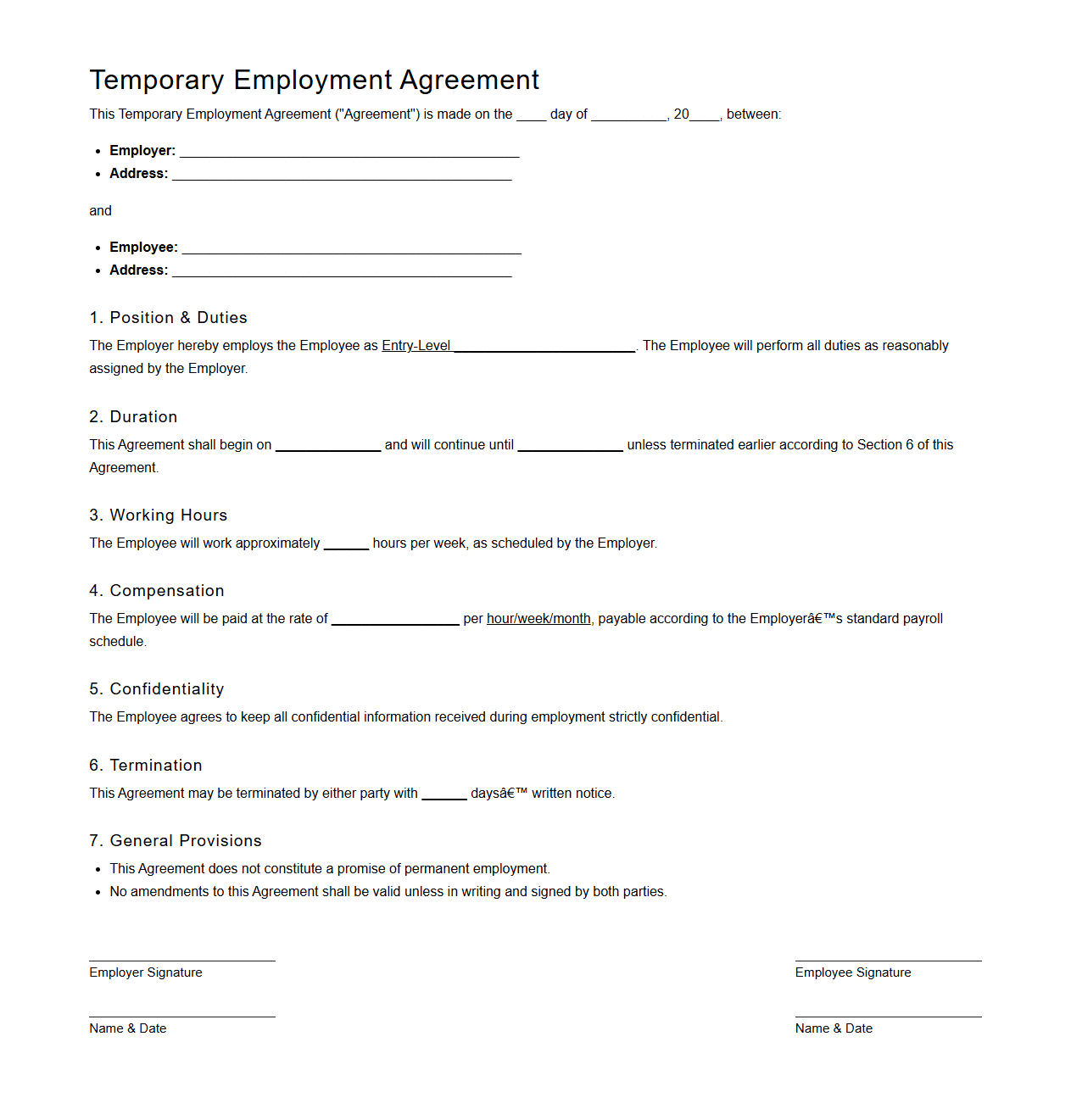 Temporary Employment Agreement Format for Entry-Level Roles