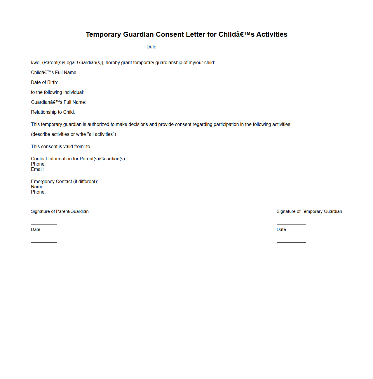 Temporary Guardian Consent Letter for Child’s Activities