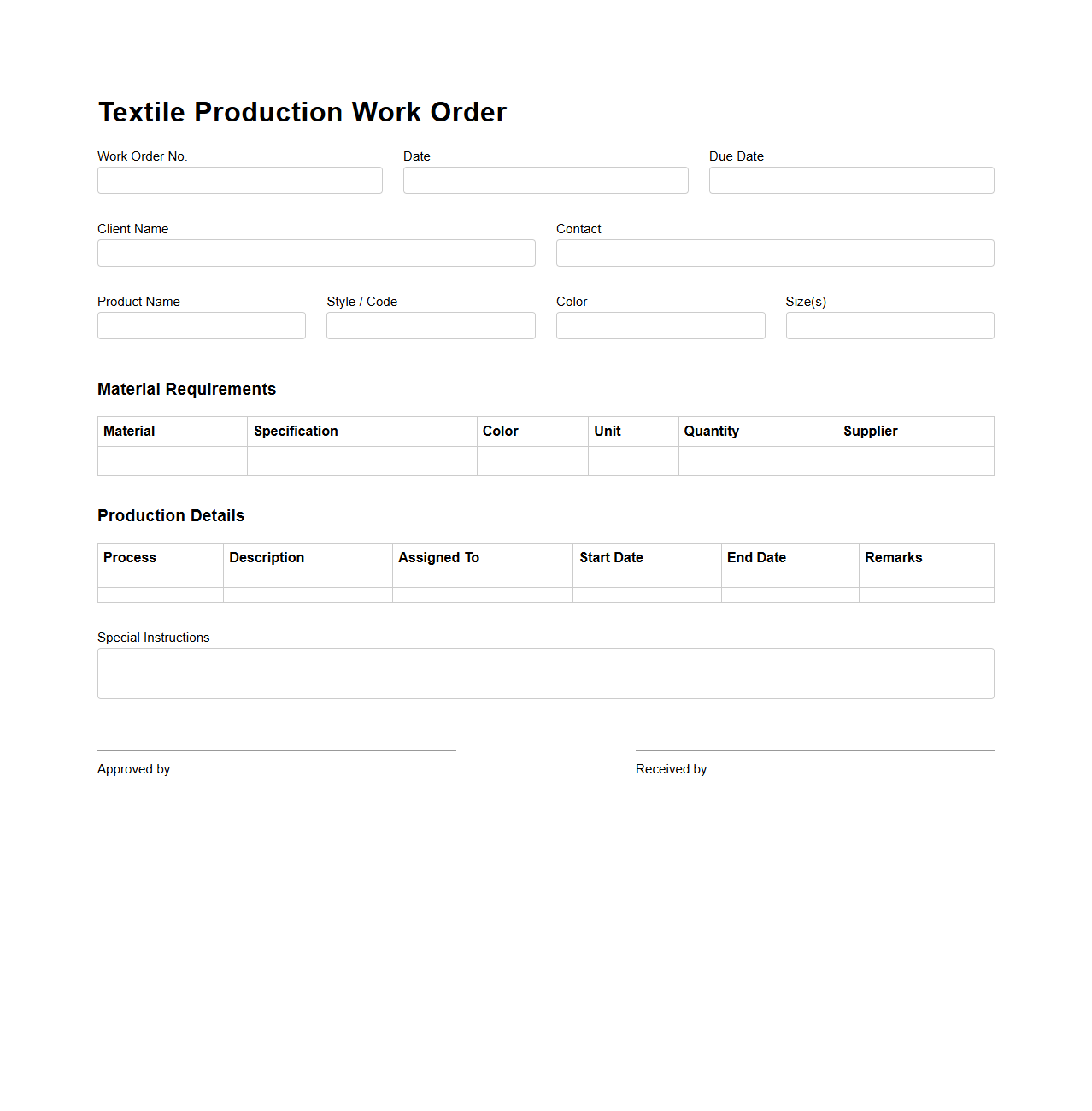Textile Production Work Order Example