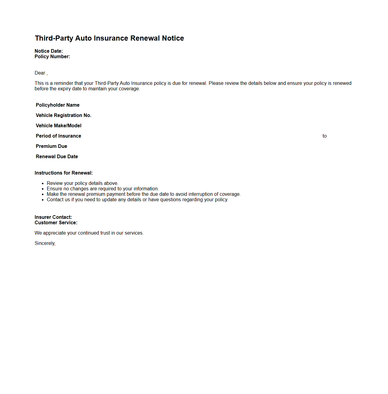 Third-Party Auto Insurance Renewal Notice Template