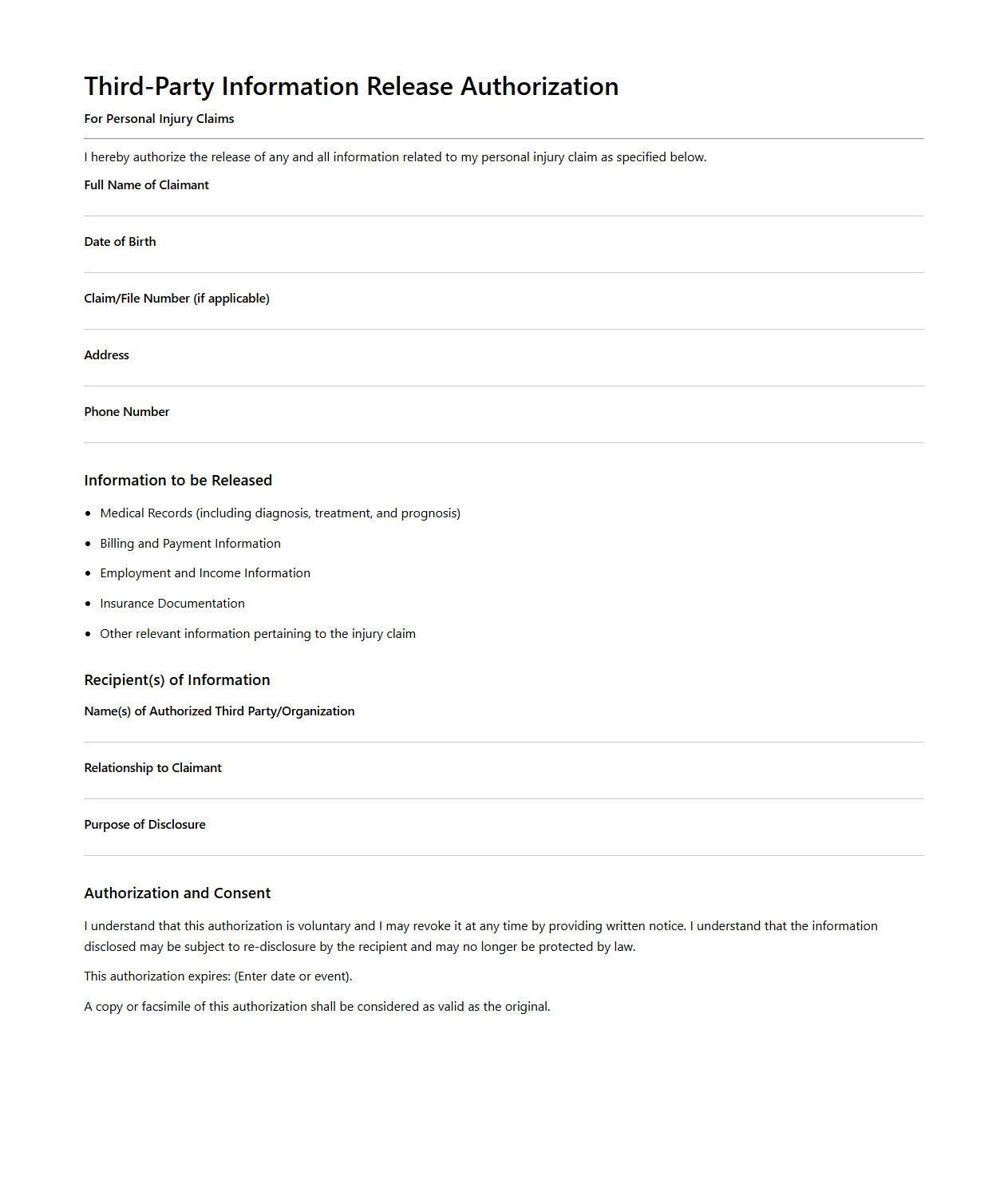 Third-Party Information Release Authorization for Personal Injury Claims