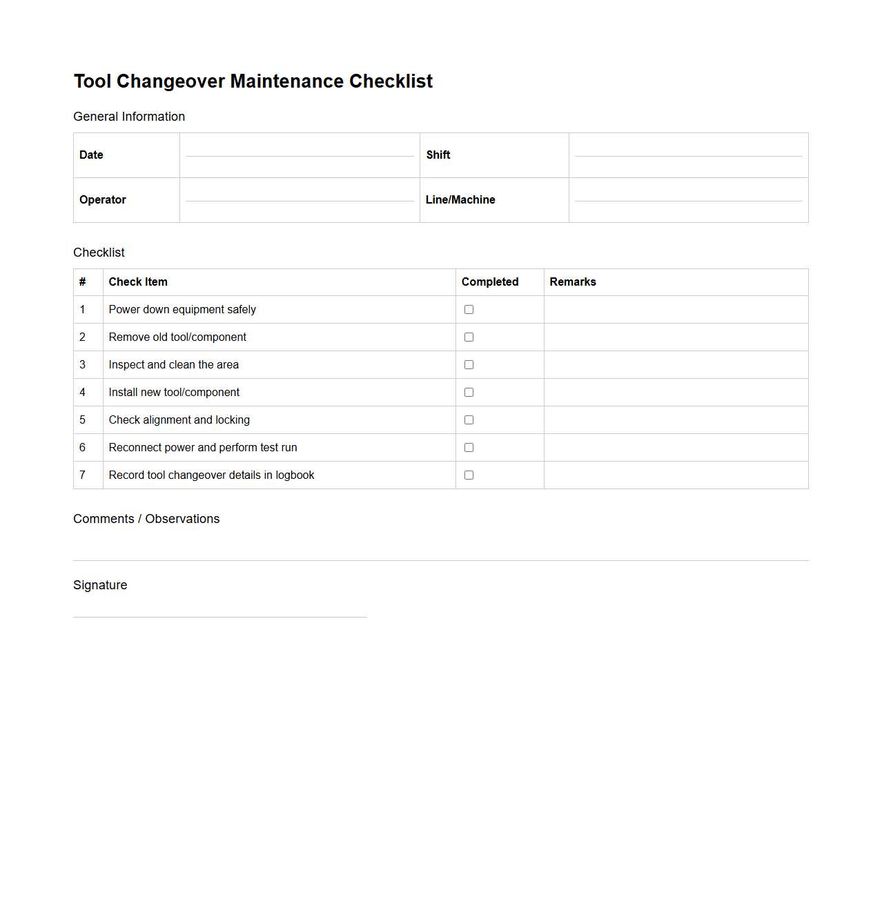 Tool Changeover Maintenance Checklist