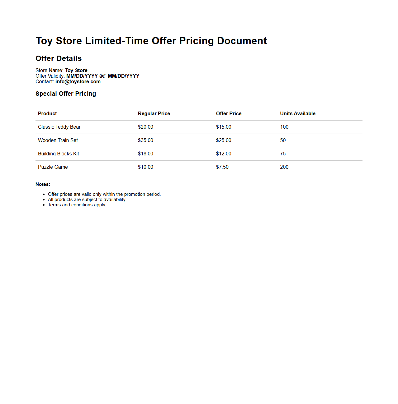Toy Store Limited-Time Offer Pricing Document