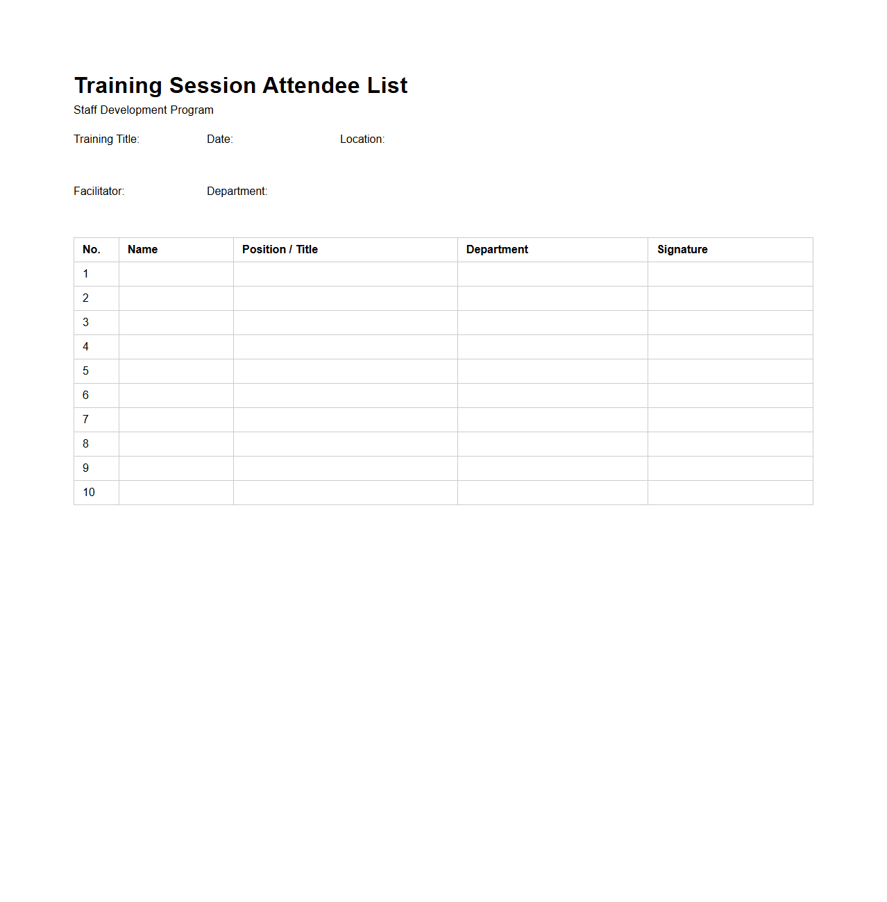 Training Session Attendee List for Staff Development