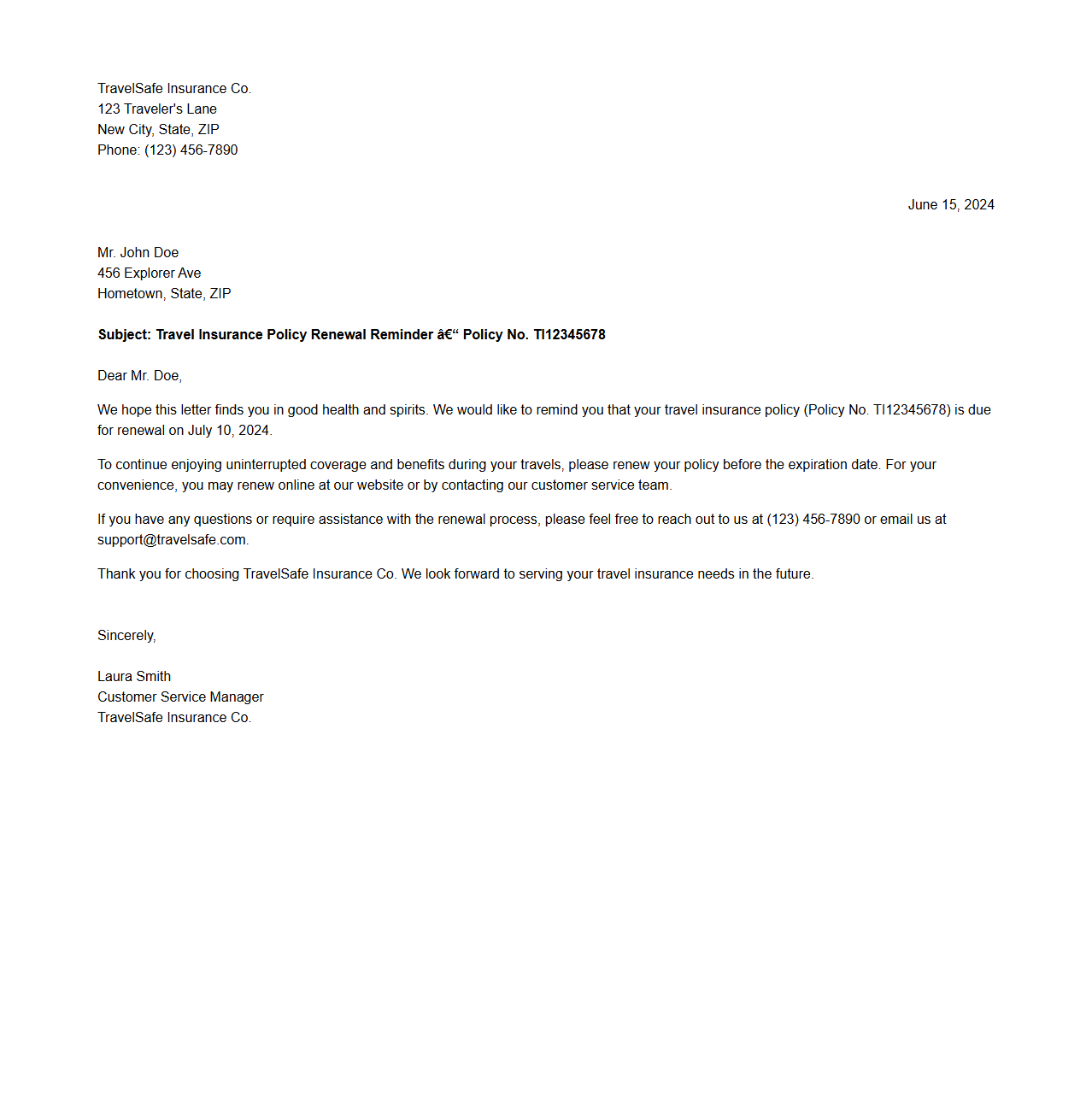 Travel Insurance Policy Renewal Reminder Letter