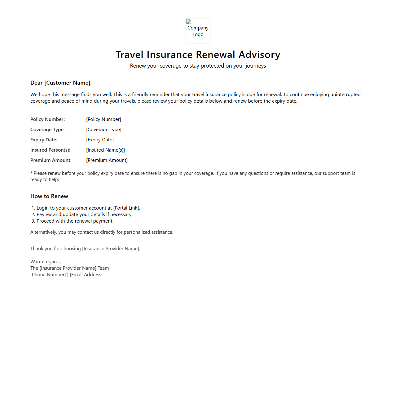 Travel Insurance Renewal Advisory Template