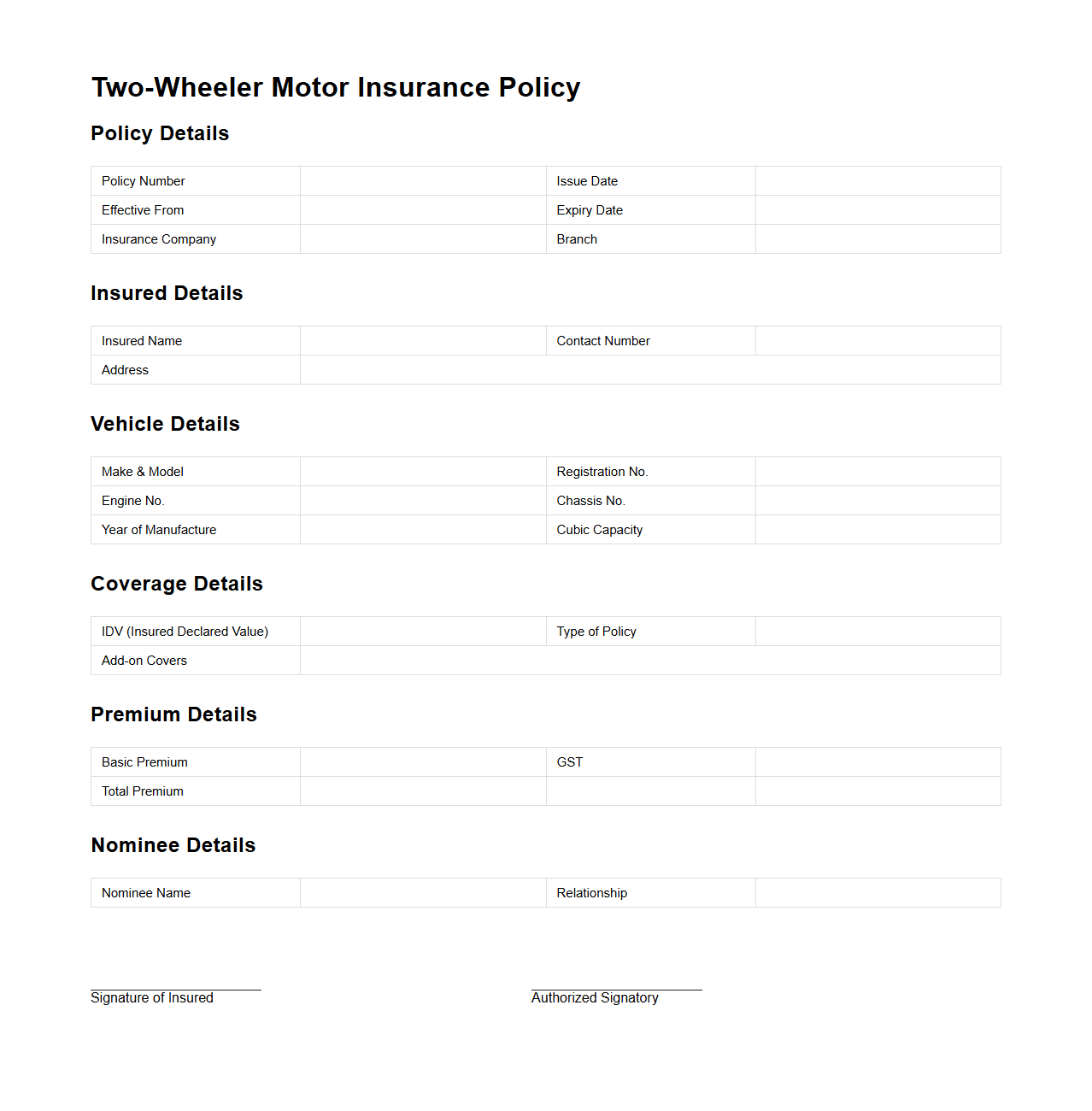 Two-Wheeler Motor Insurance Policy Format