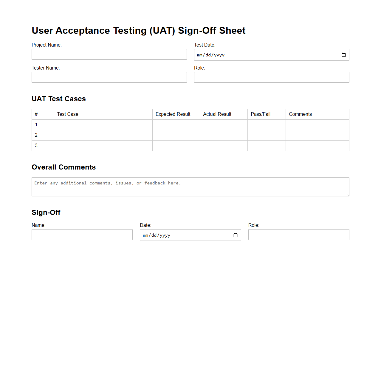 UAT Sign-Off Sheet Template for Web Projects