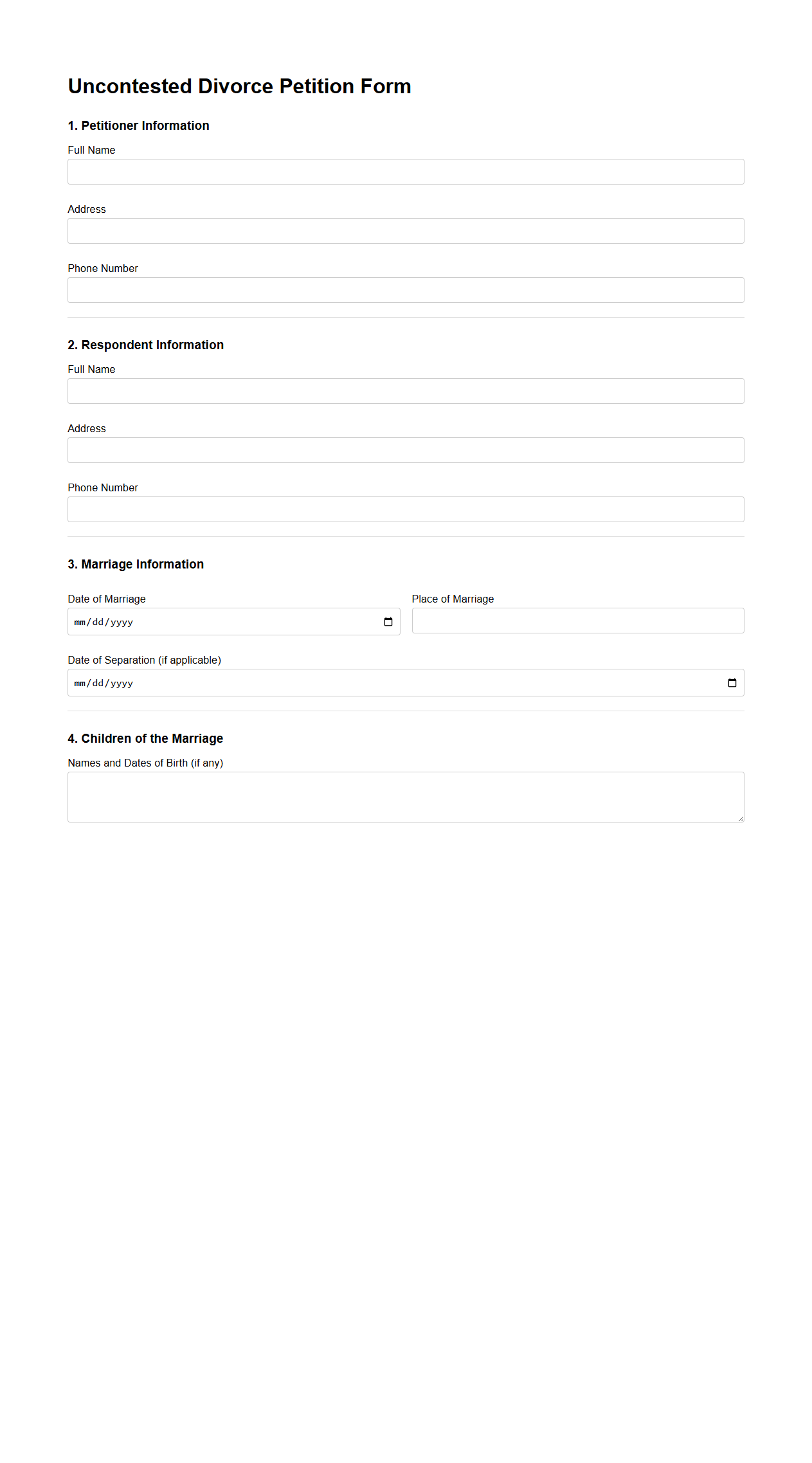 Uncontested Divorce Petition Form Example