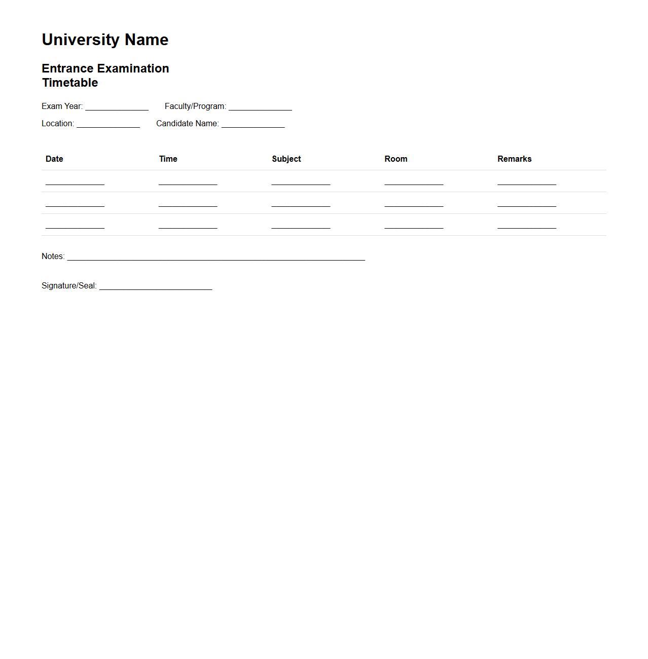 University Entrance Exam Timetable Format