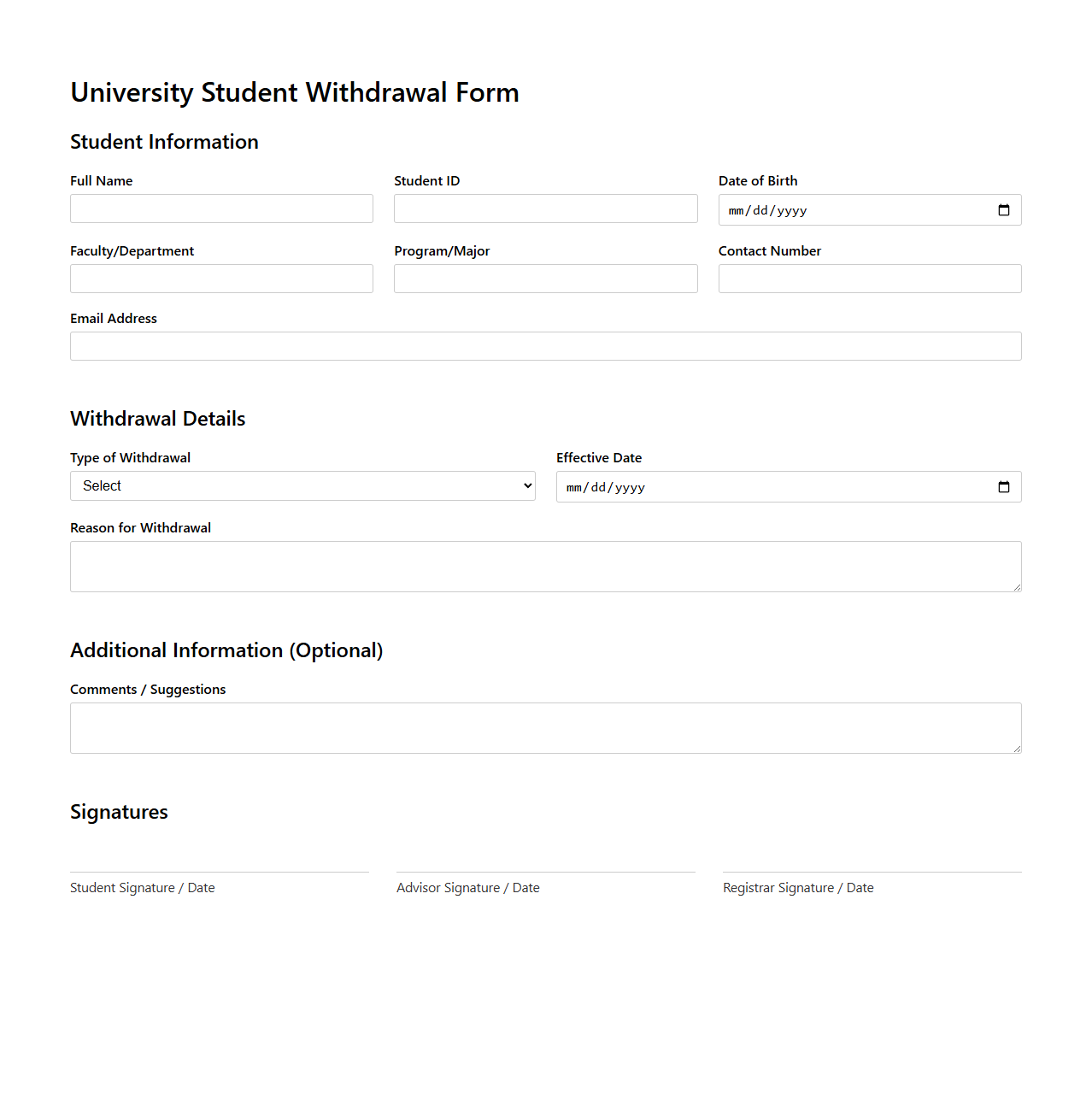 University Student Withdrawal Form Template