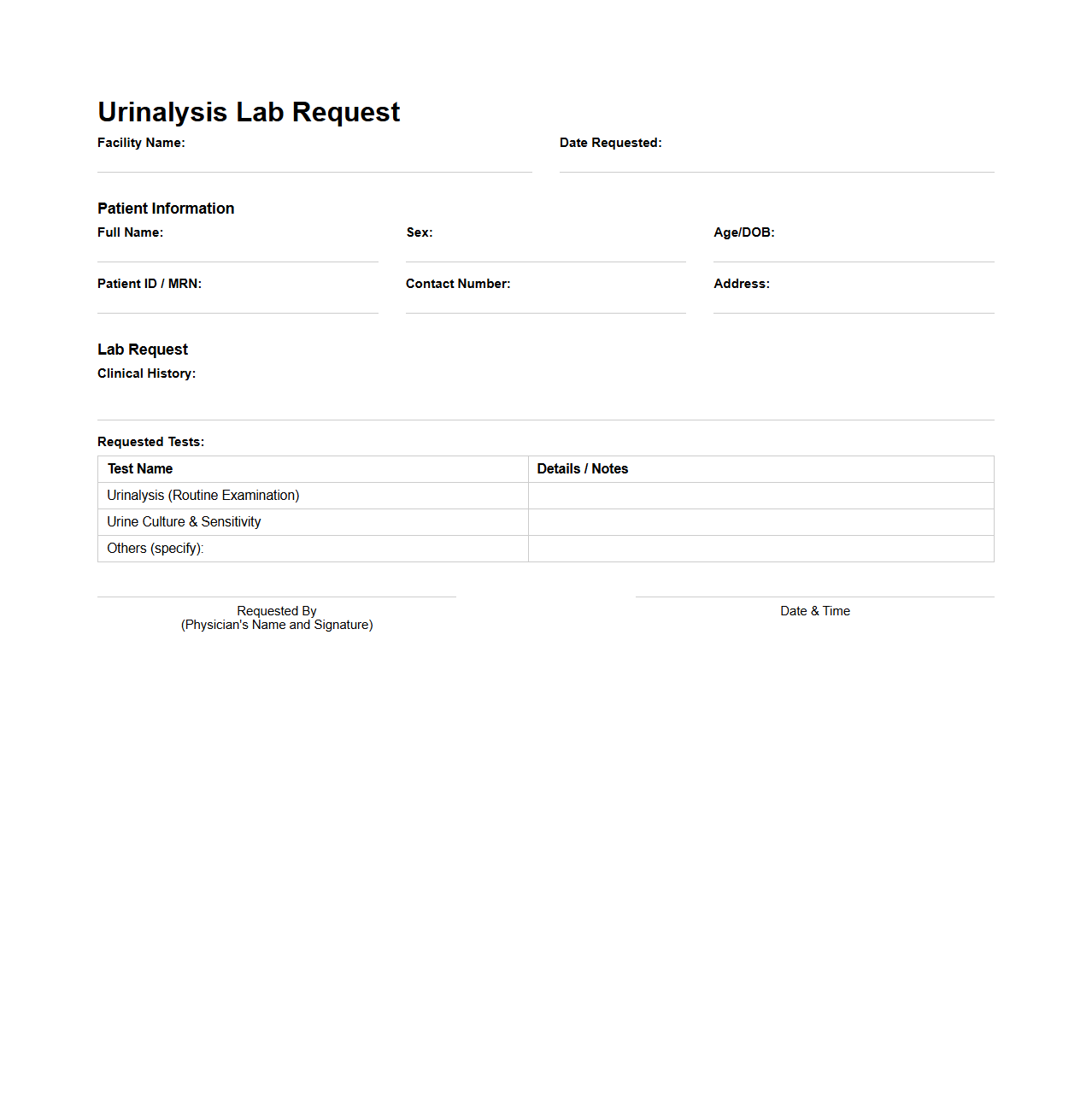Urinalysis Lab Request Document Sample
