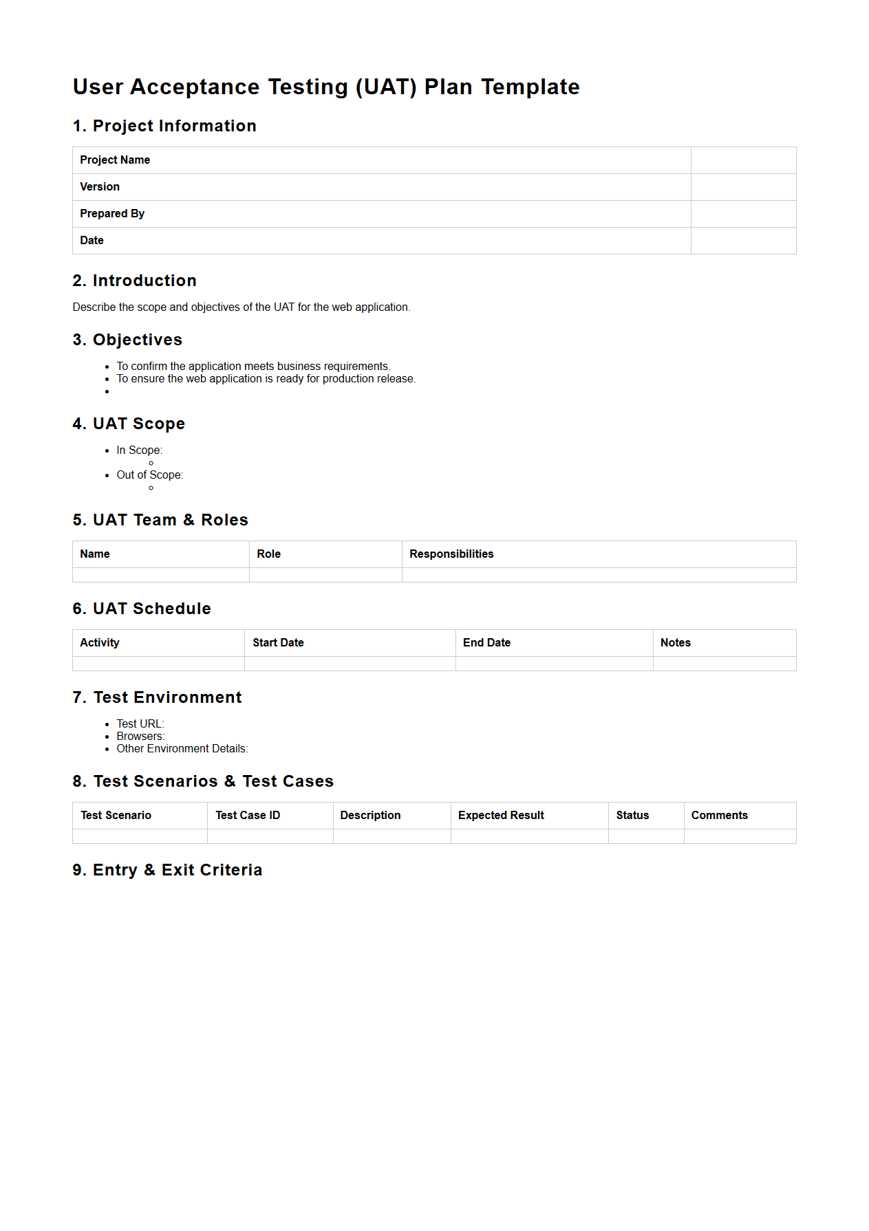 User Acceptance Testing Plan Template for Web Applications
