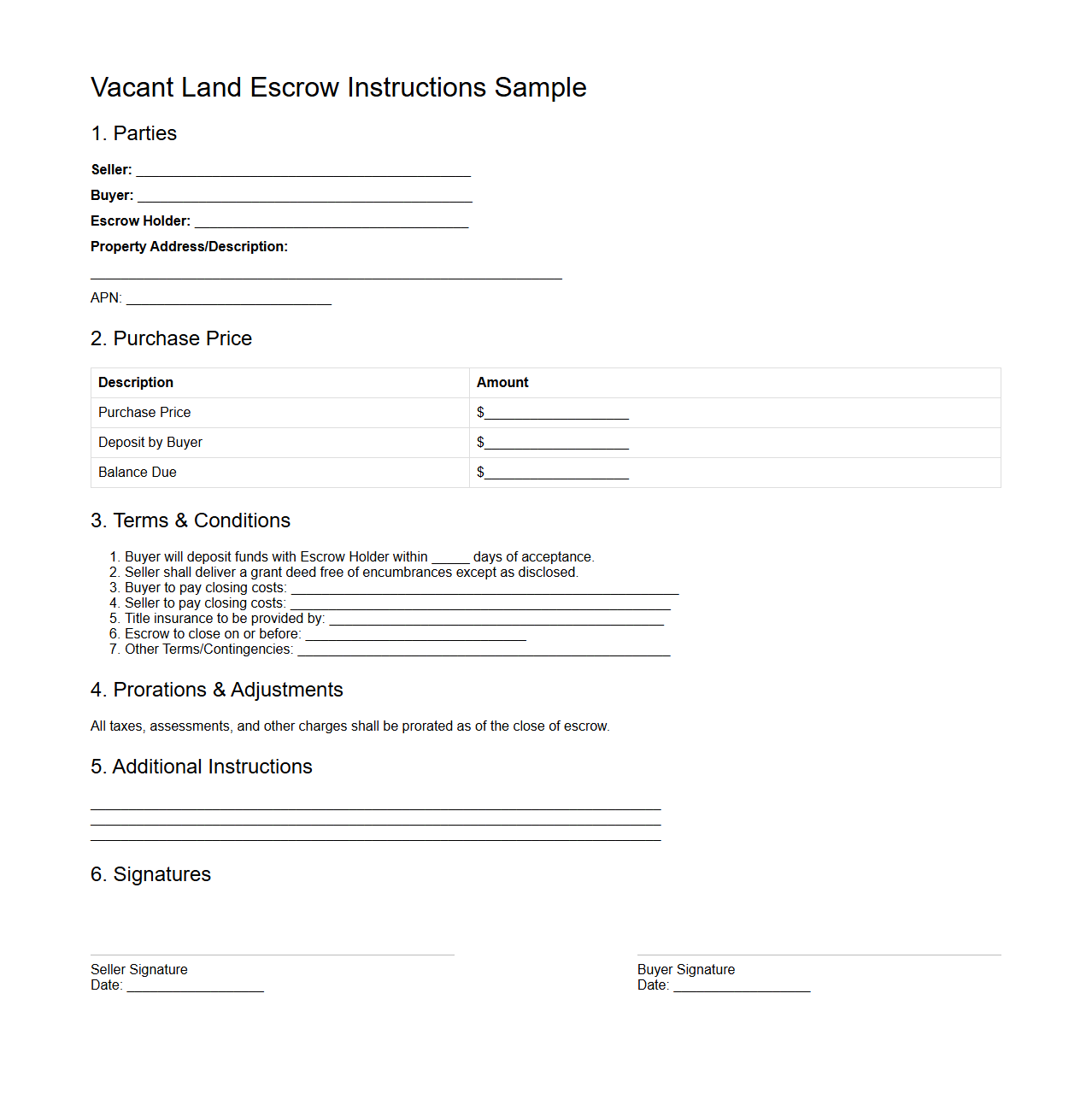 Vacant Land Escrow Instructions Sample