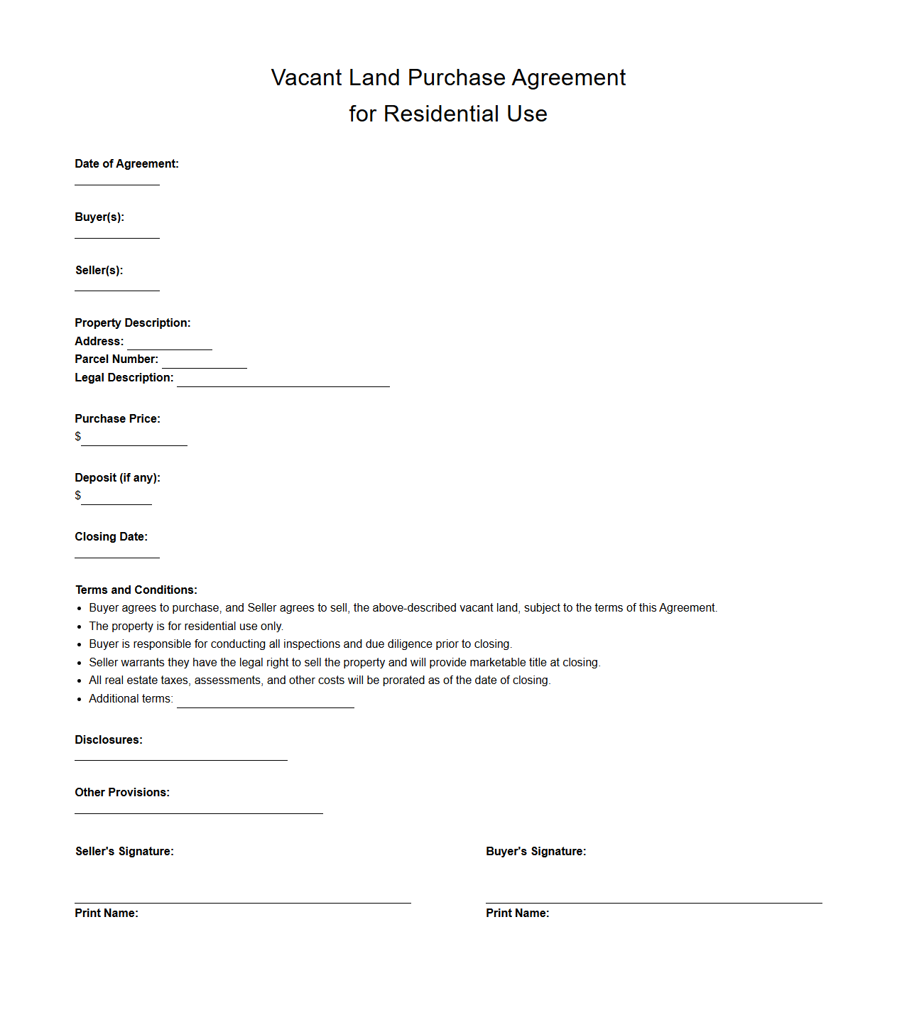 Vacant Land Purchase Agreement for Residential Use