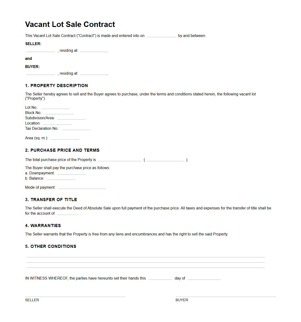 Vacant Lot Sale Contract Sample