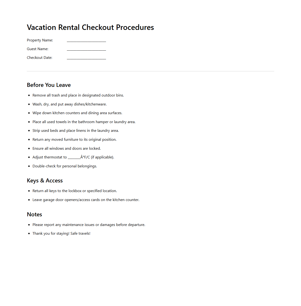 Vacation Rental Checkout Procedures Sheet