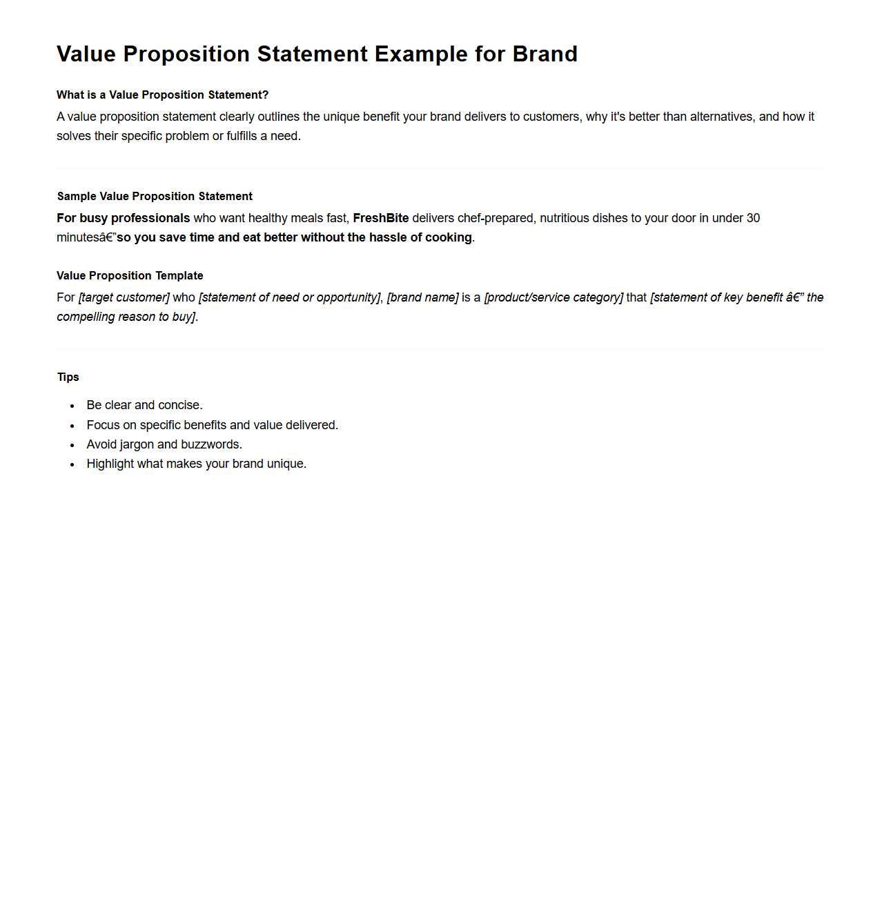 Value Proposition Statement Example for Brand