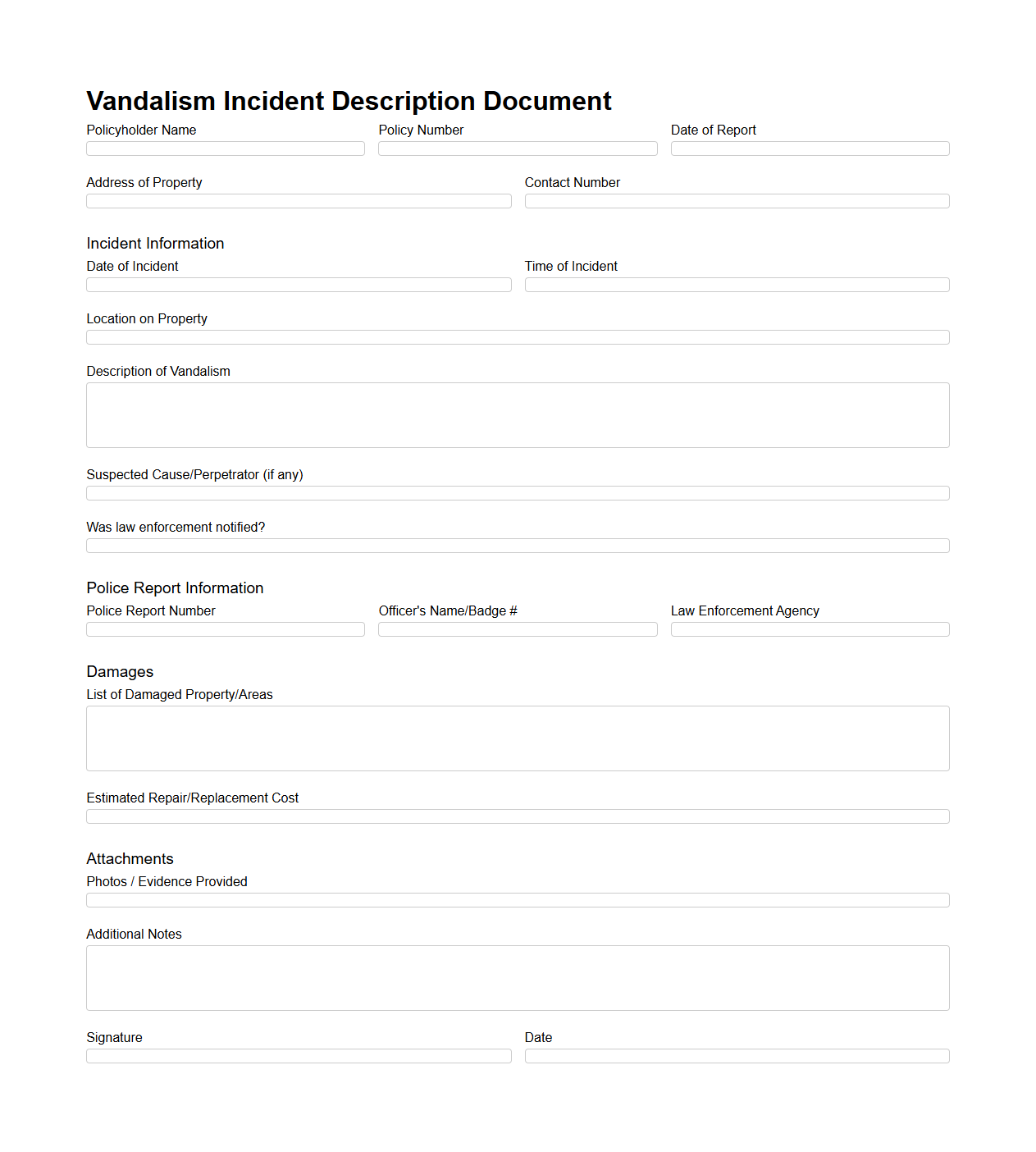 Vandalism Incident Description Document for Home Insurance