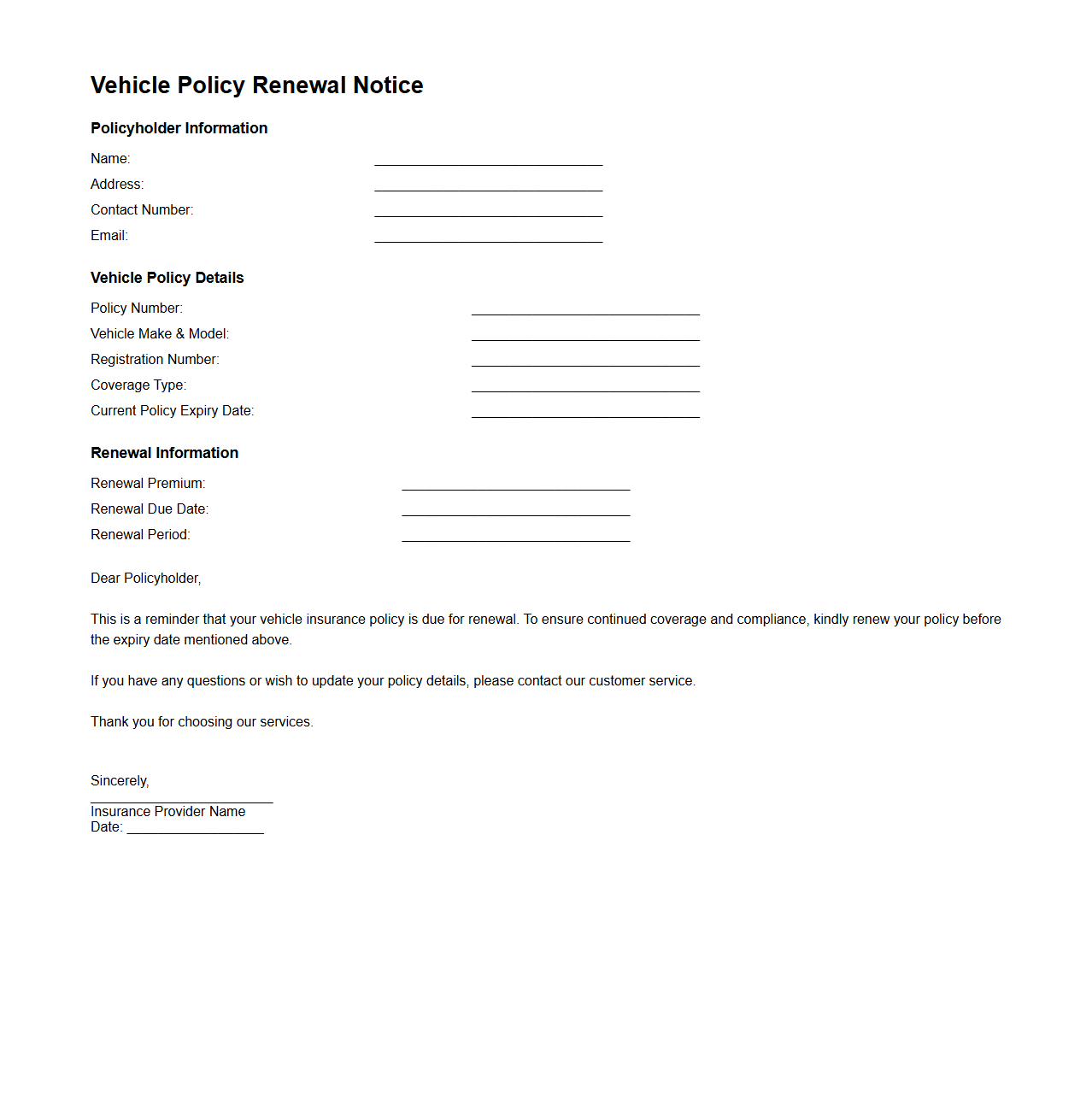Vehicle Policy Renewal Notice Template
