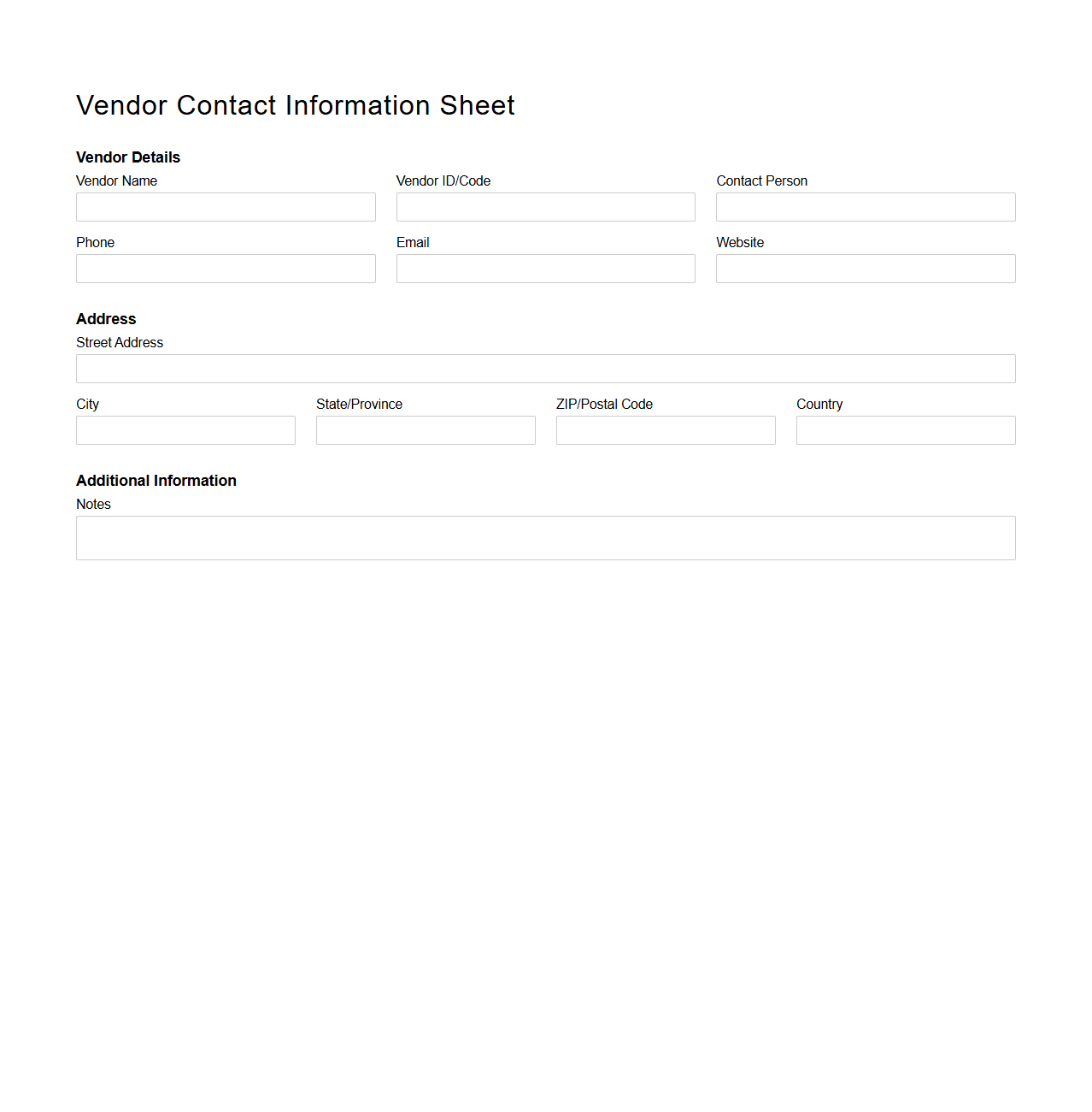 Vendor Contact Information Sheet