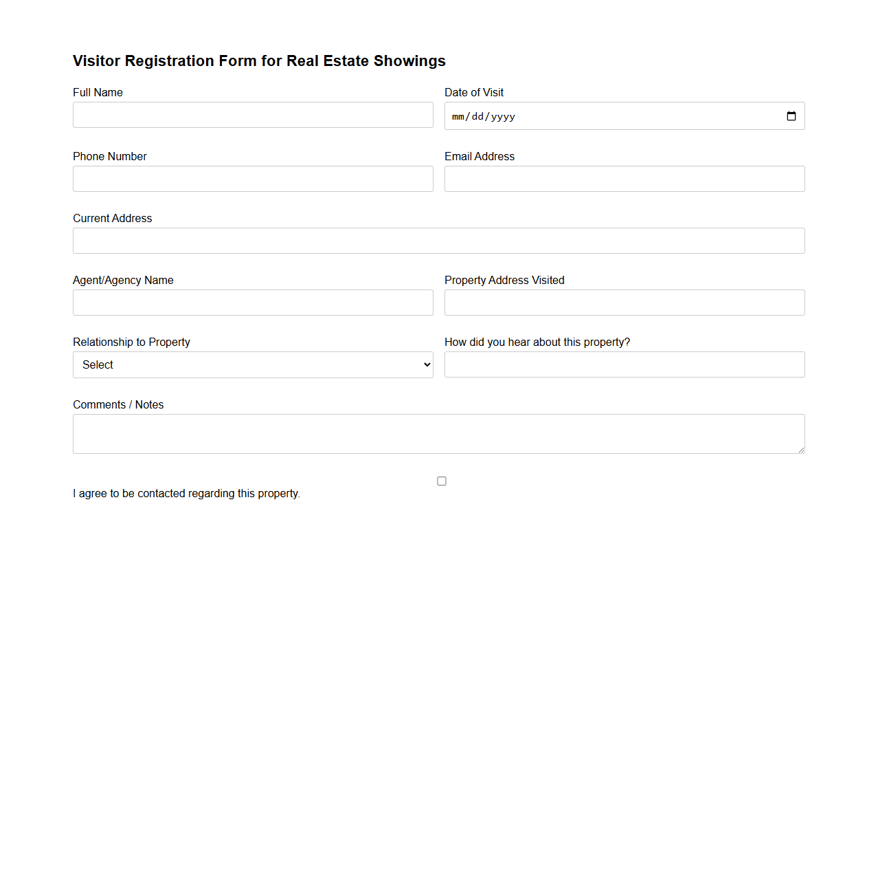 Visitor Registration Form for Real Estate Showings