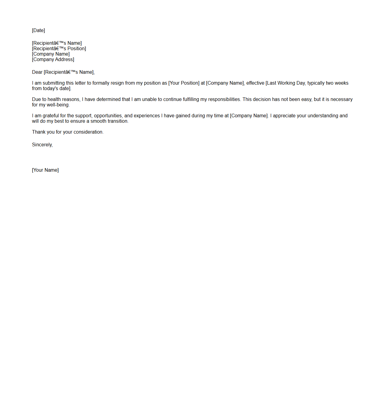 Voluntary Resignation Letter for Health Reasons
